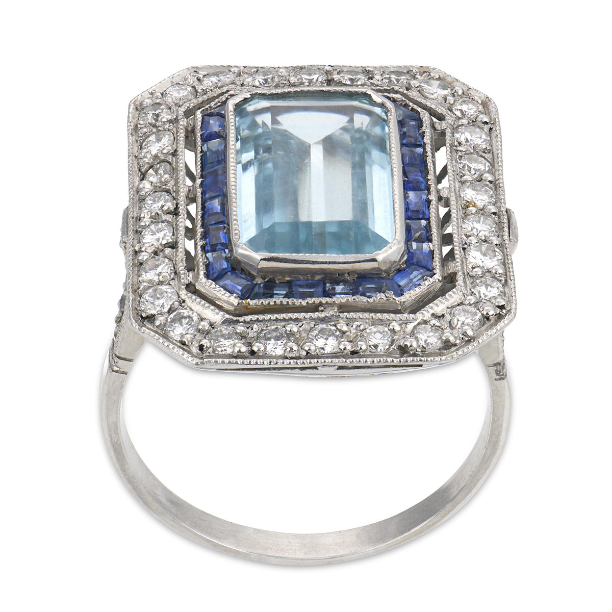 Estate Platinum Aqua, Sapphire, & Diamond Statement Ring