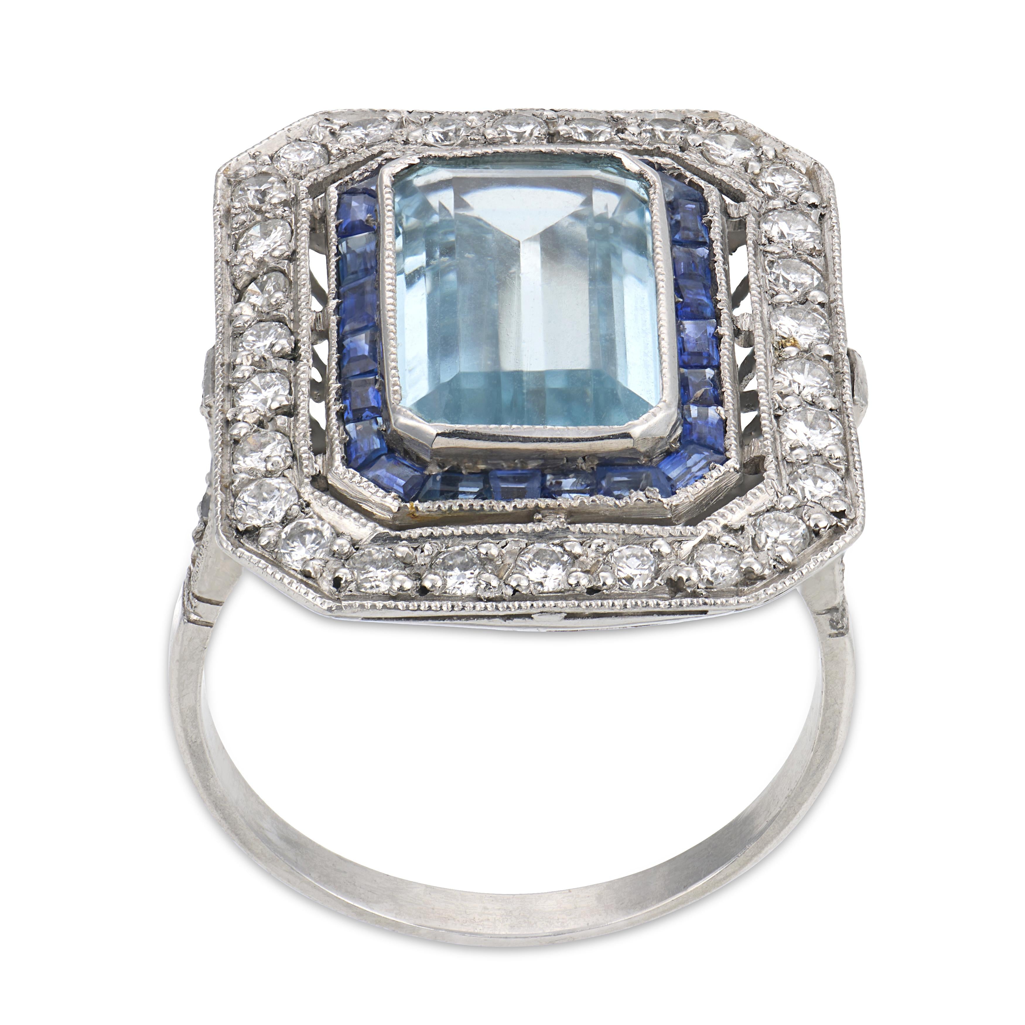 Estate Platinum Aqua, Sapphire, & Diamond Statement Ring
