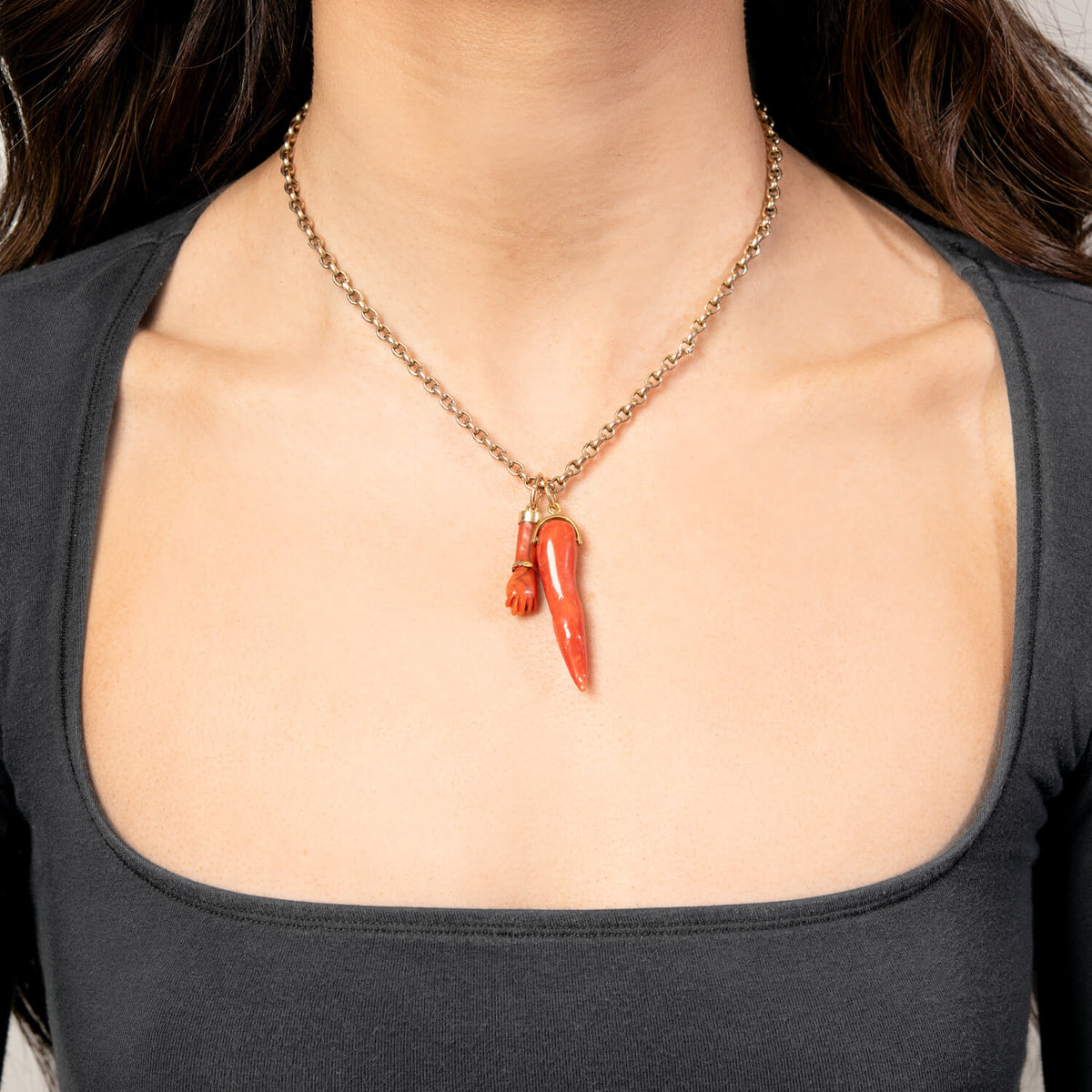Victorian 9k Figa & Cornicello Charm Necklace