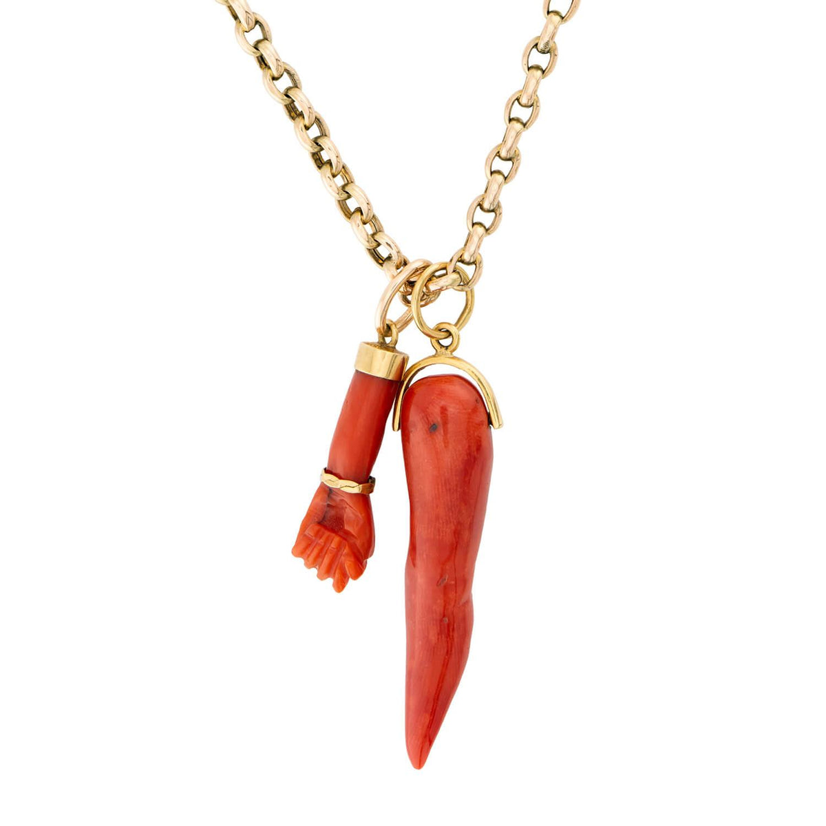 Victorian 9k Figa & Cornicello Charm Necklace