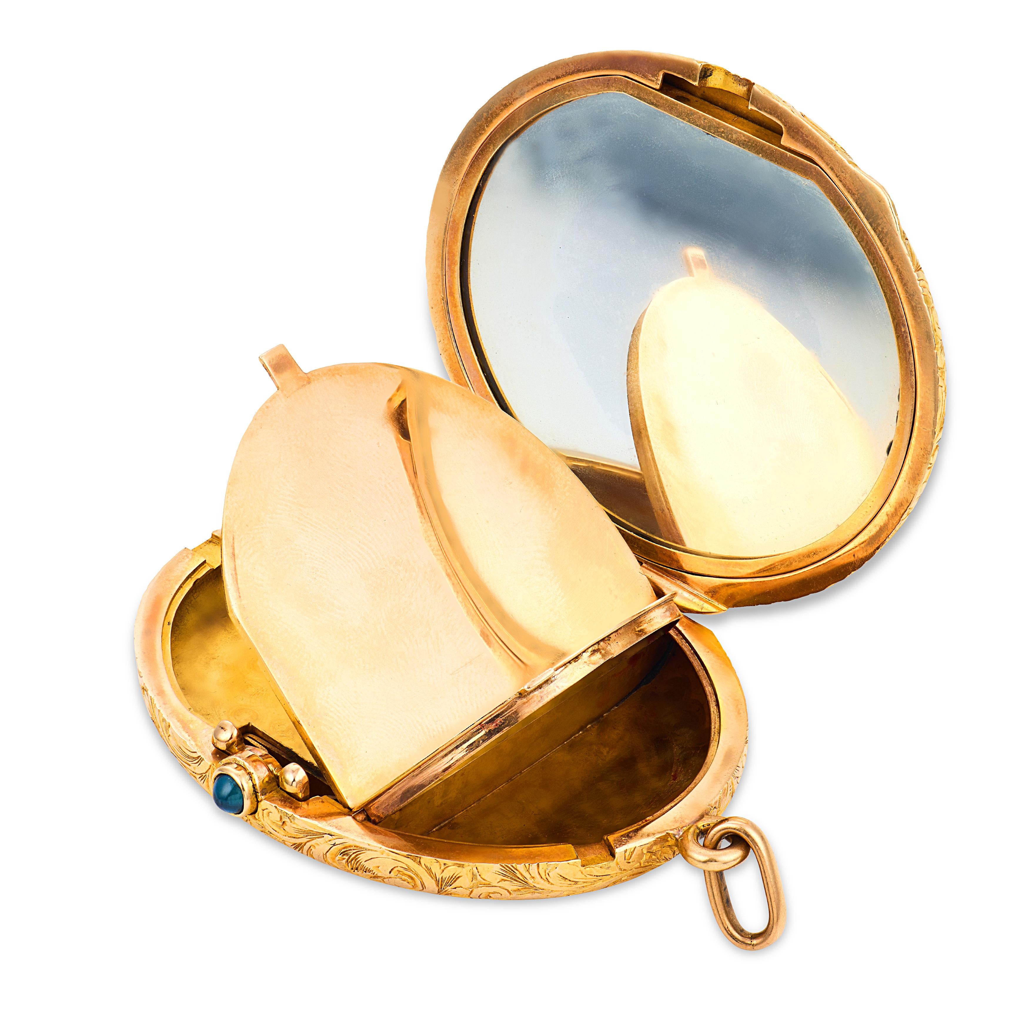 Victorian 14k Sapphire Makeup Compact Locket Pendant