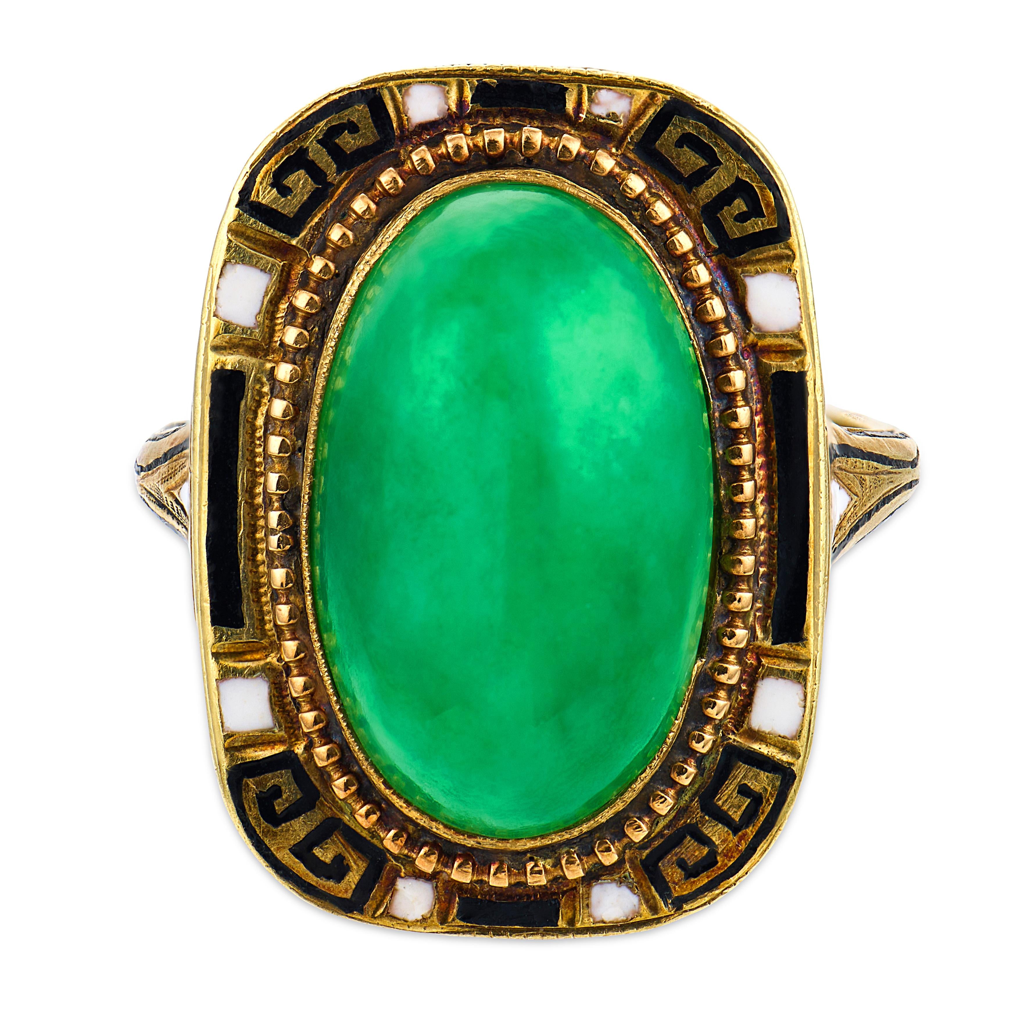 Art Deco 14k Jade & Enamel Ring
