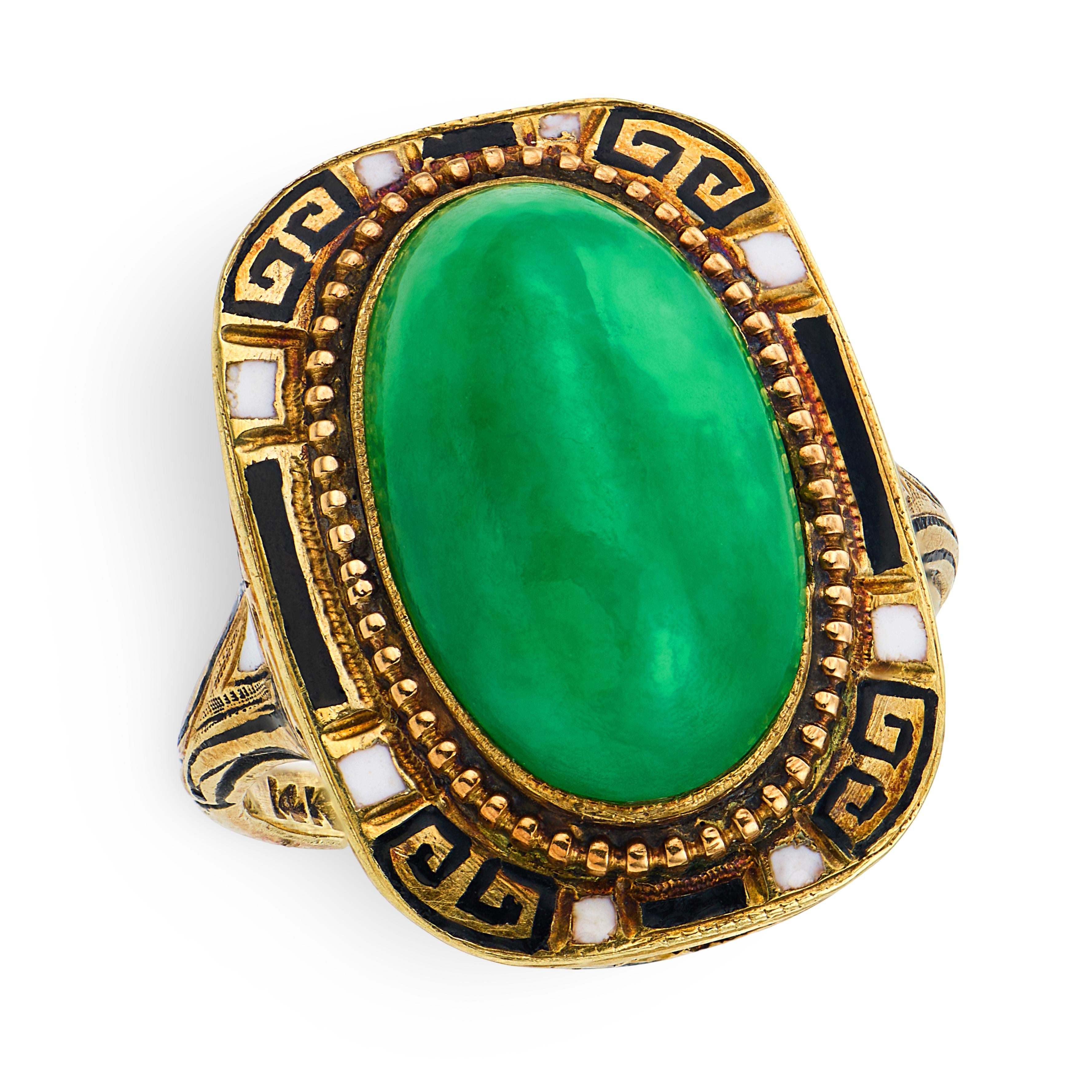 Art Deco 14k Jade & Enamel Ring