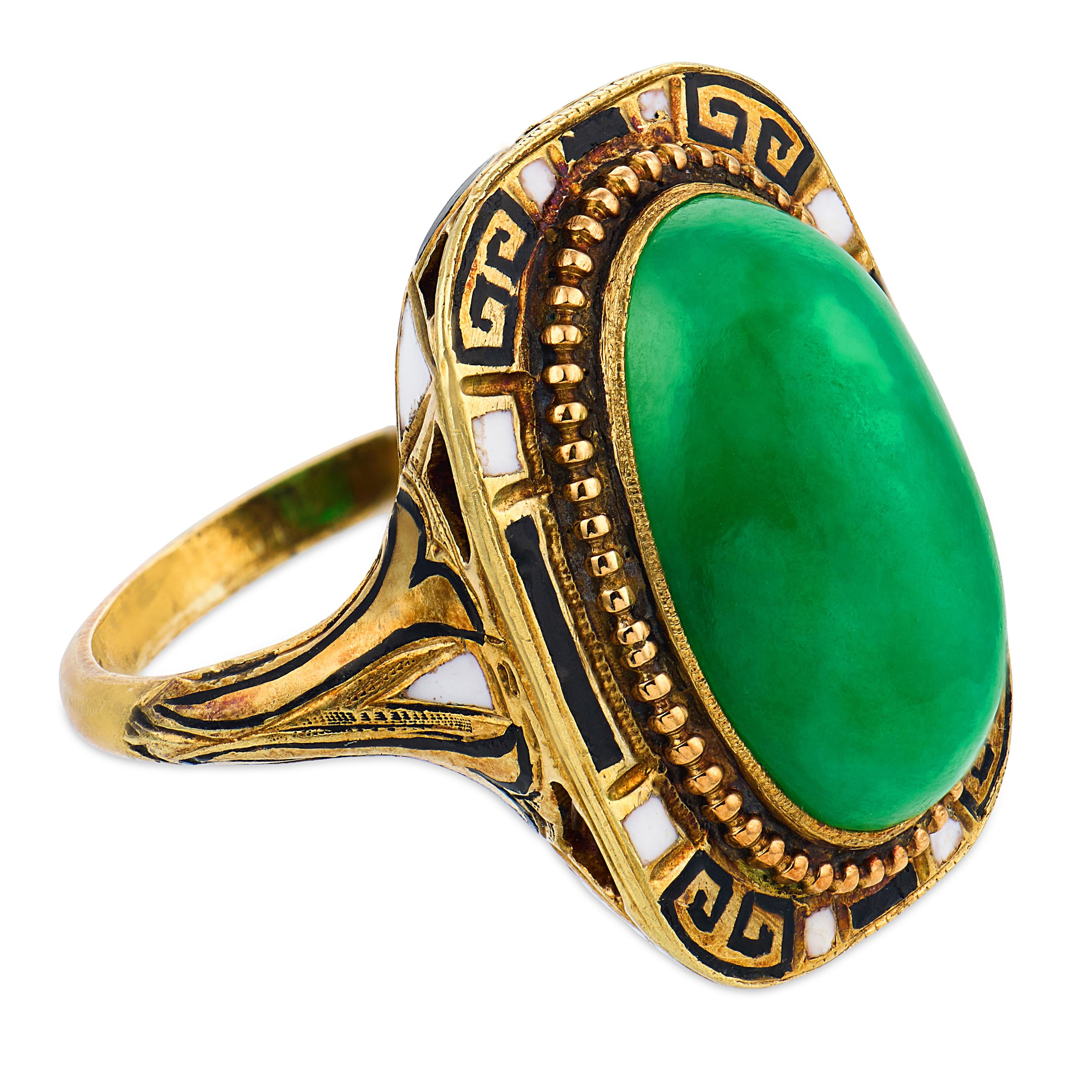 Art Deco 14k Jade & Enamel Ring