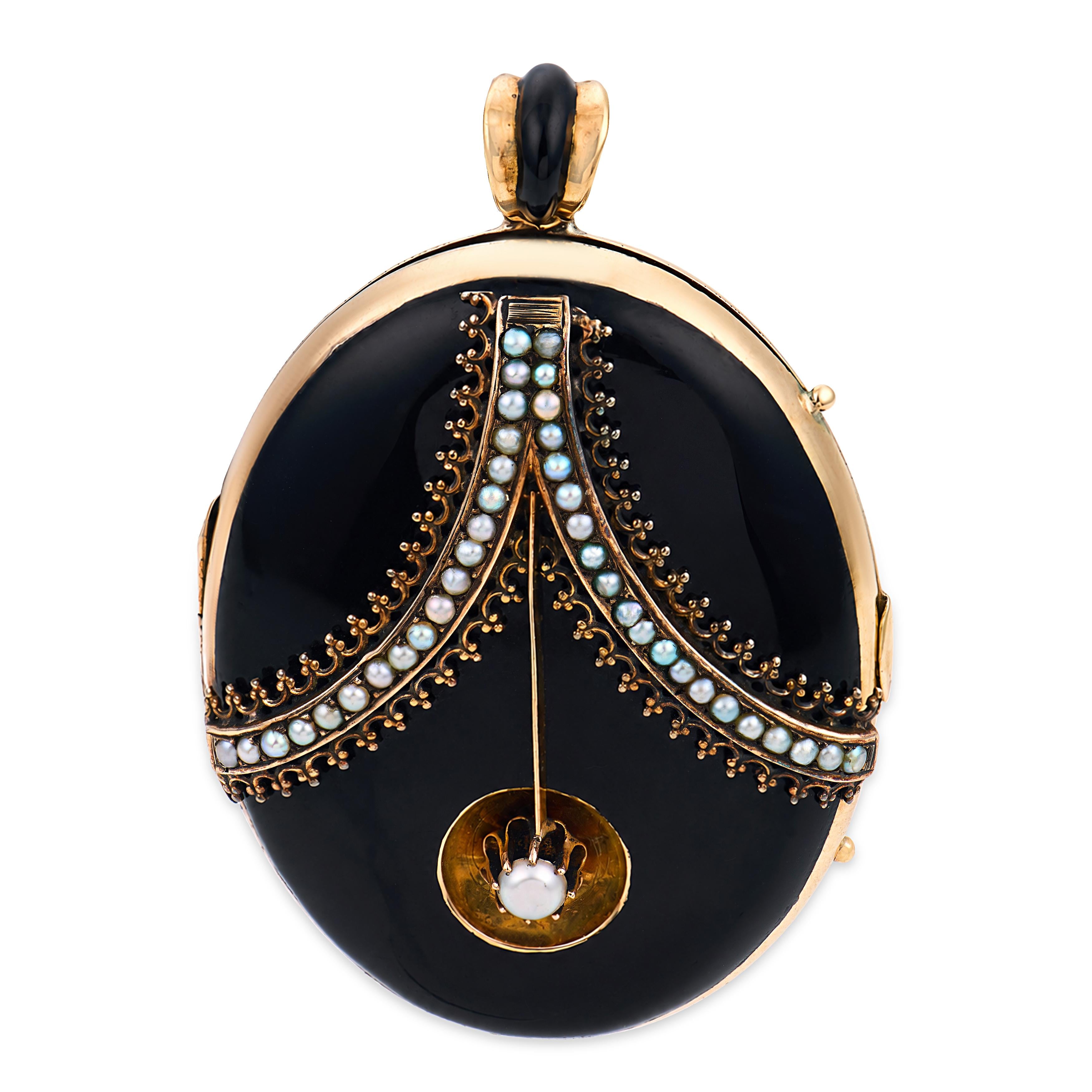 Victorian 14k Onyx & Pearl Locket Pendant