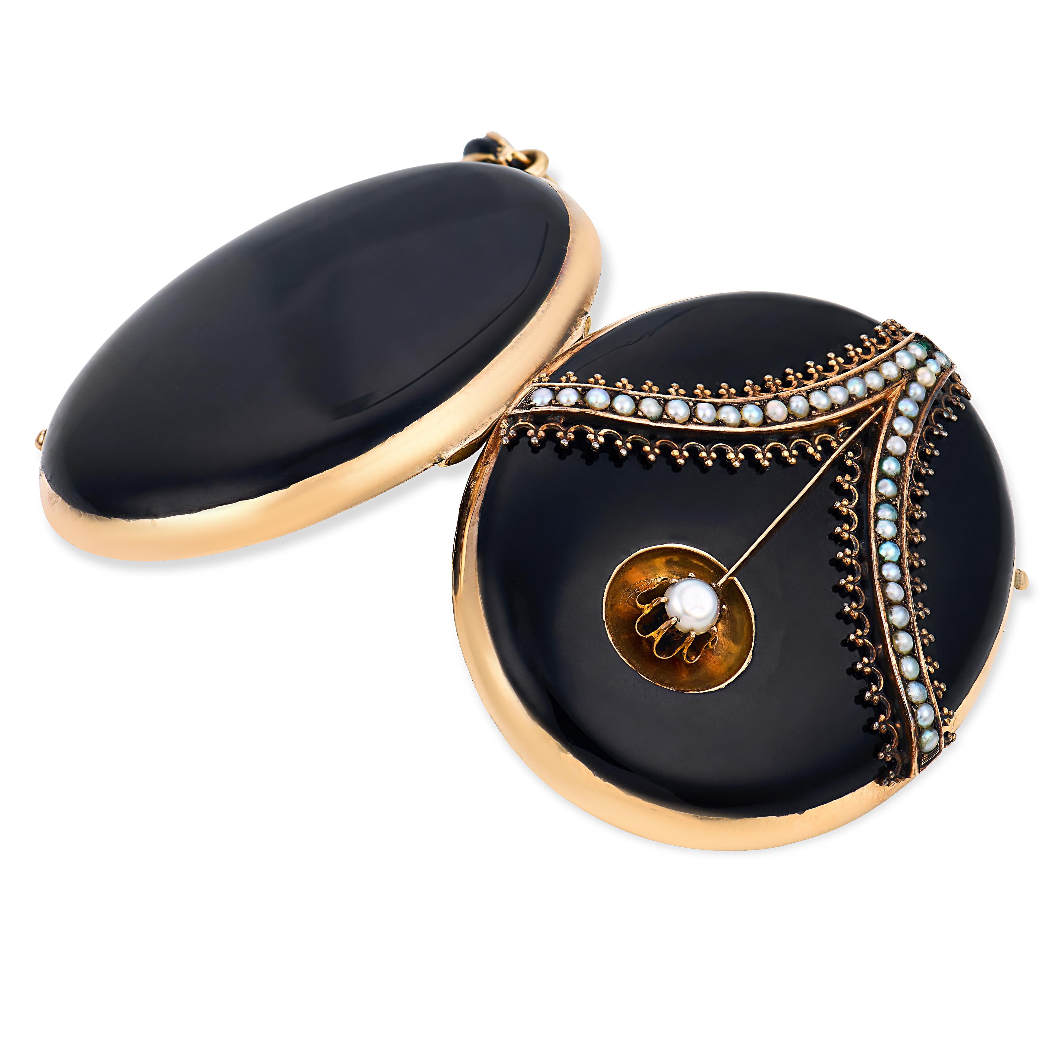 Victorian 14k Onyx & Pearl Locket Pendant
