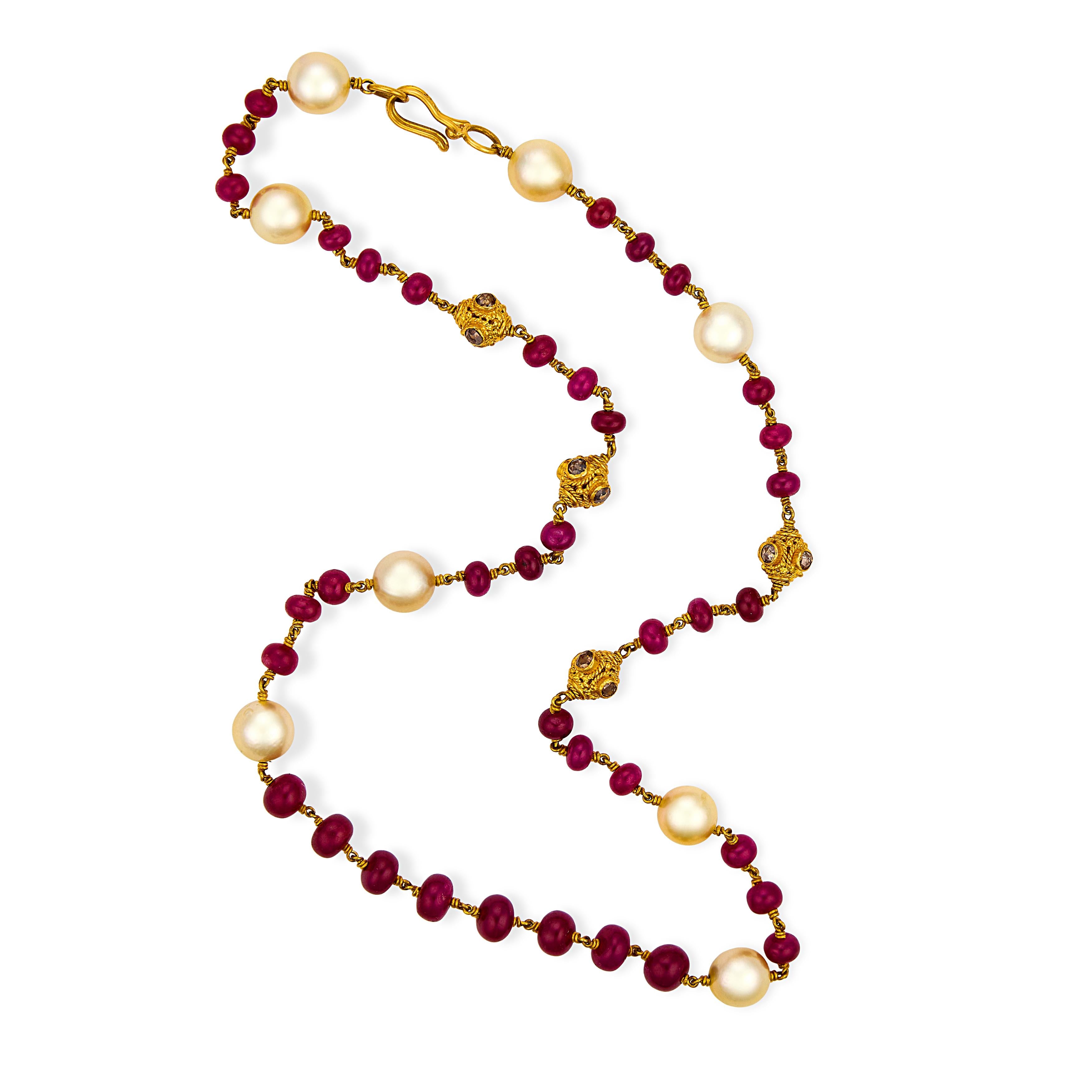 Estate 22k Ruby, Pearl, & Diamond Bead Necklace