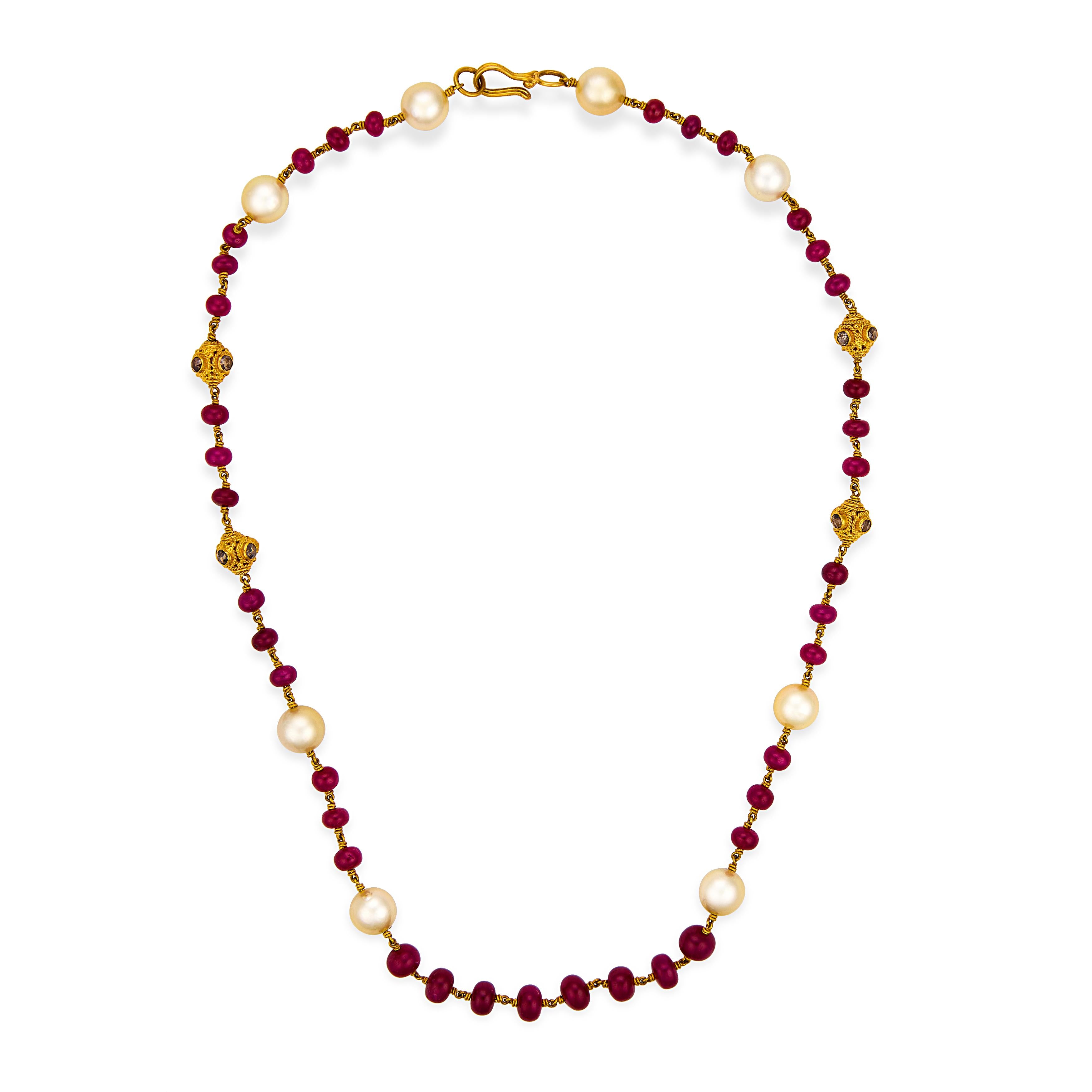 Estate 22k Ruby, Pearl, & Diamond Bead Necklace