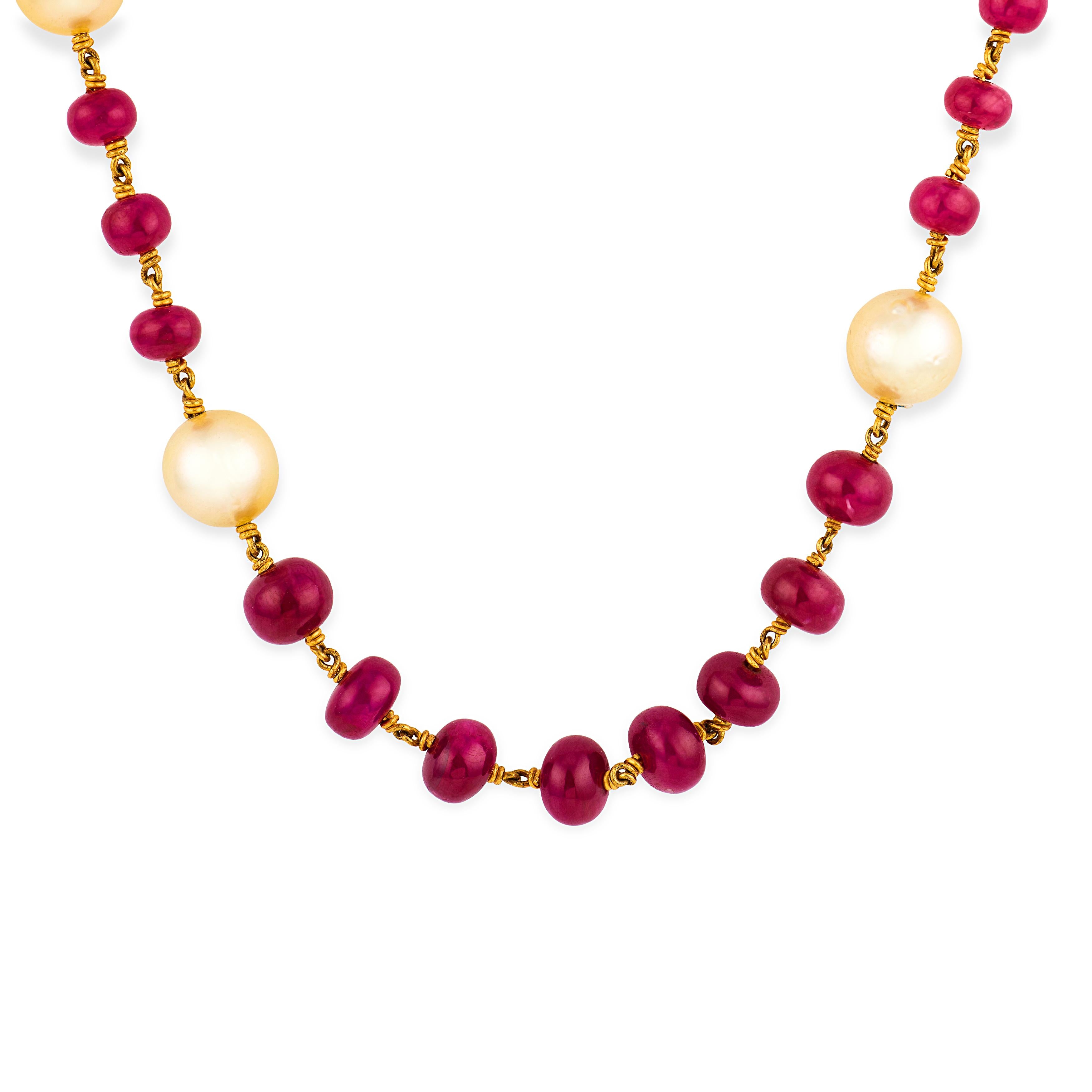 Estate 22k Ruby, Pearl, & Diamond Bead Necklace