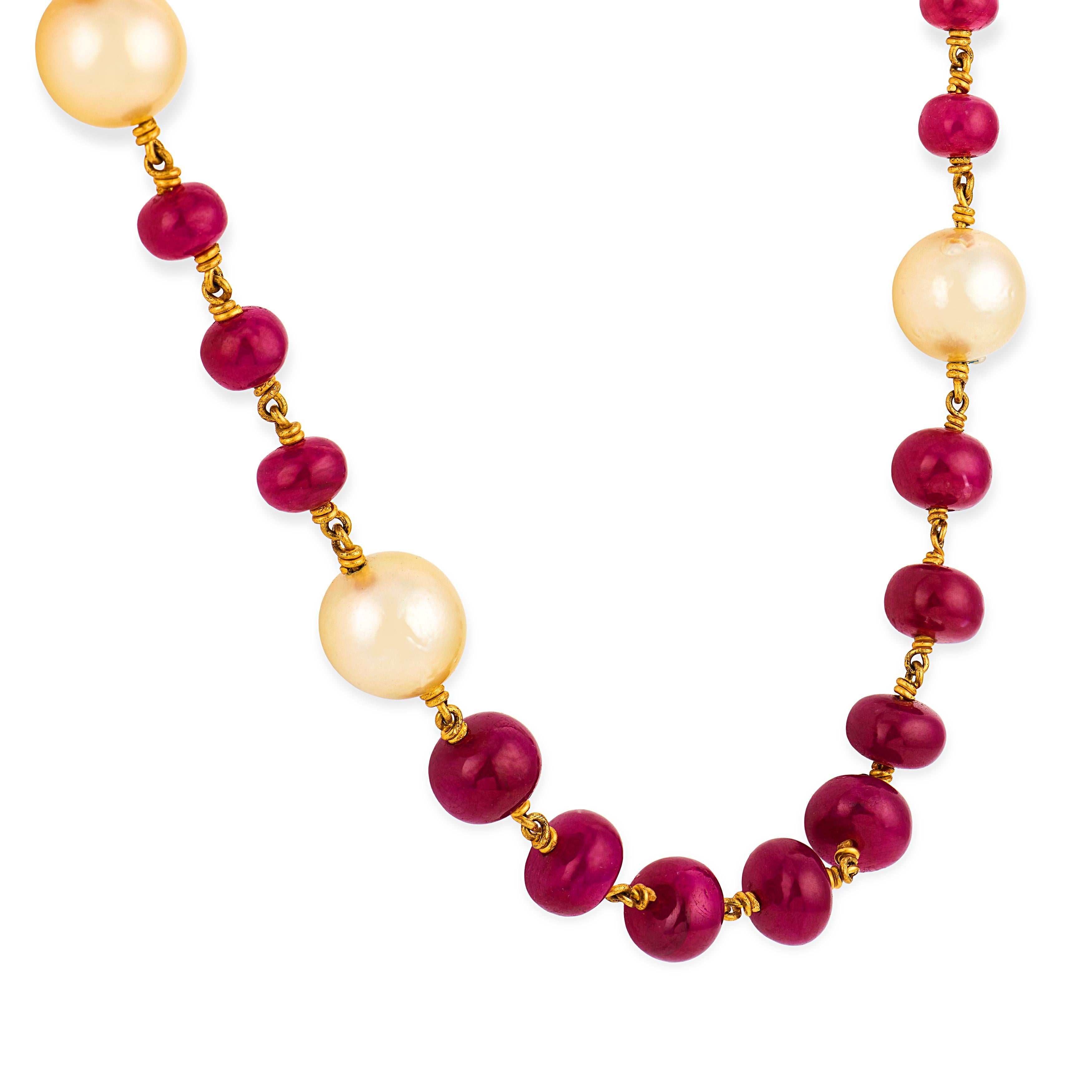 Estate 22k Ruby, Pearl, & Diamond Bead Necklace