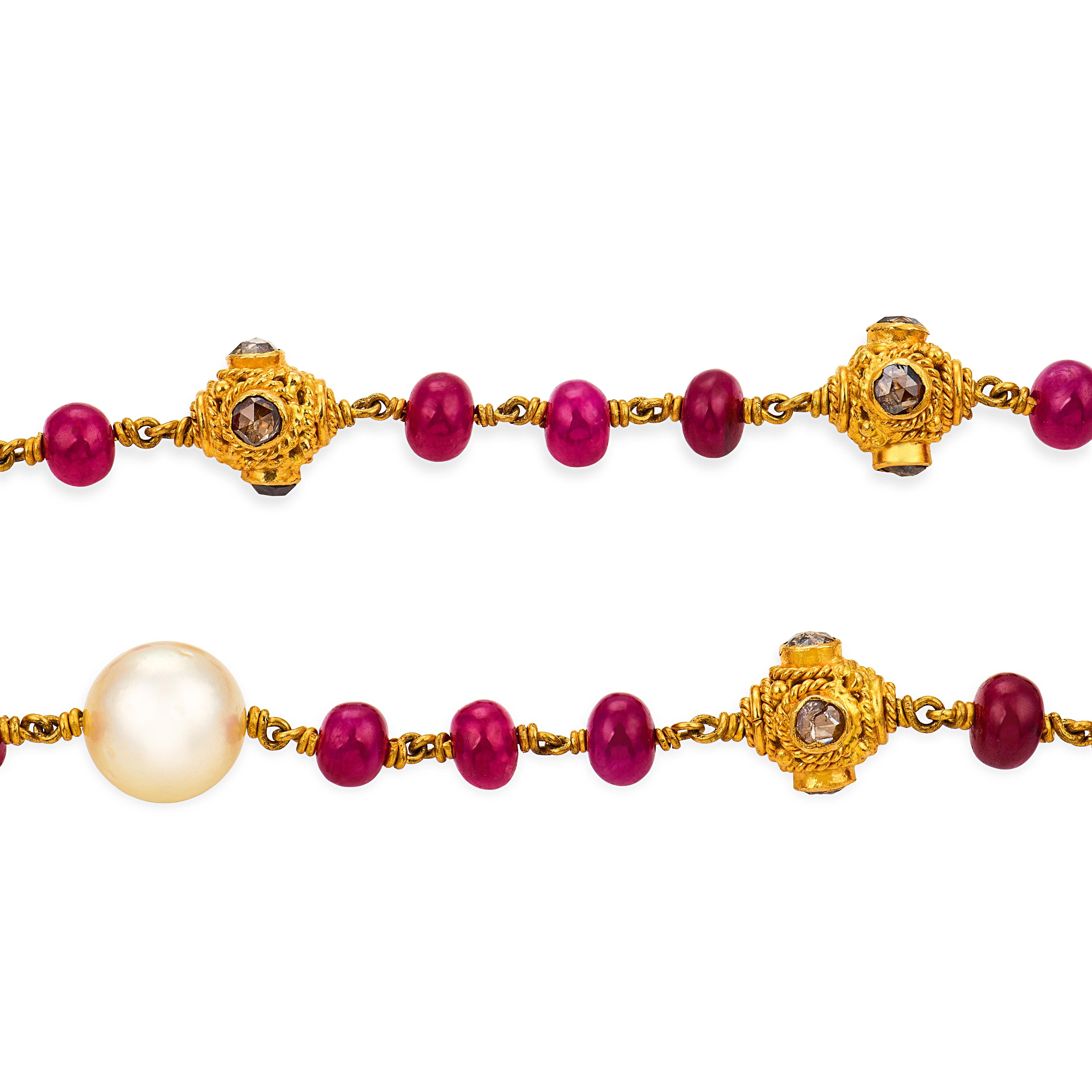 Estate 22k Ruby, Pearl, & Diamond Bead Necklace