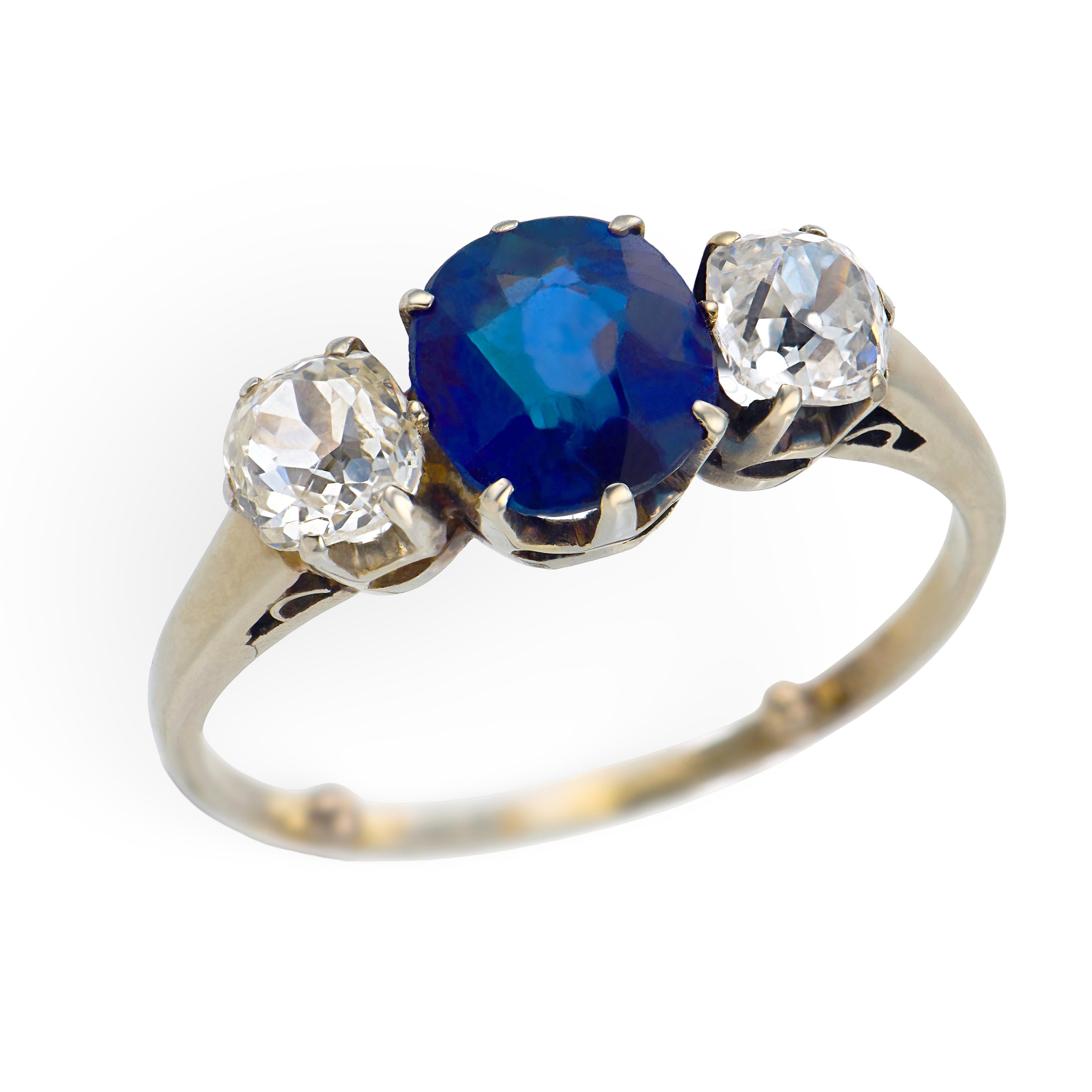 Art Deco 18k Sapphire & Diamond Three Stone Ring