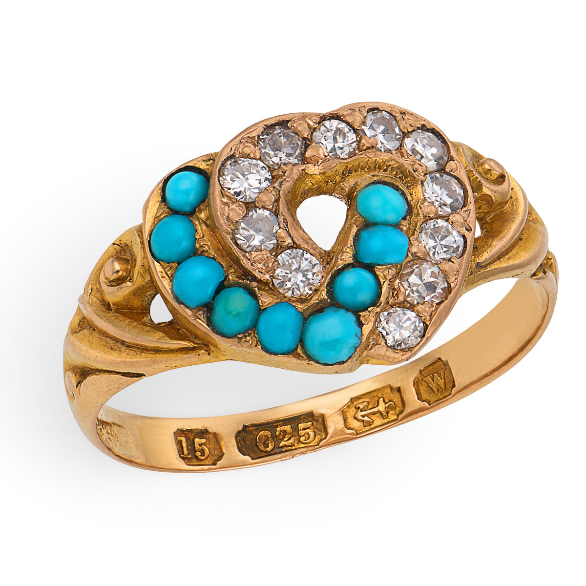 Victorian English 15k Turquoise & Diamond Double Heart-Motif Ring