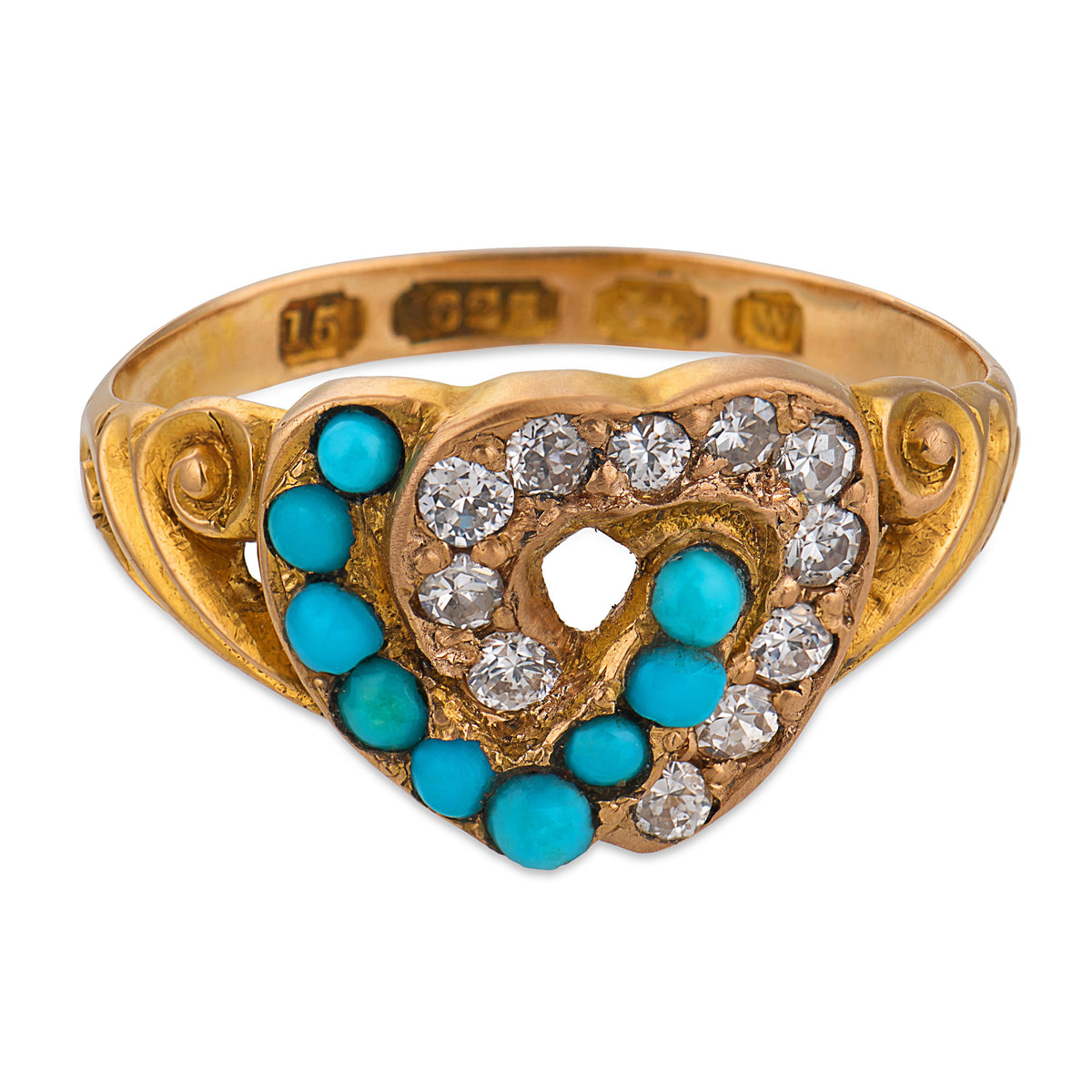 Victorian English 15k Turquoise & Diamond Double Heart-Motif Ring