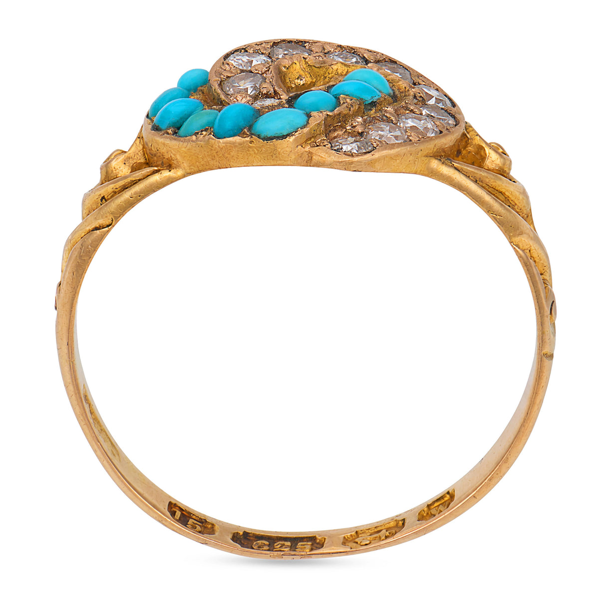 Victorian English 15k Turquoise & Diamond Double Heart-Motif Ring