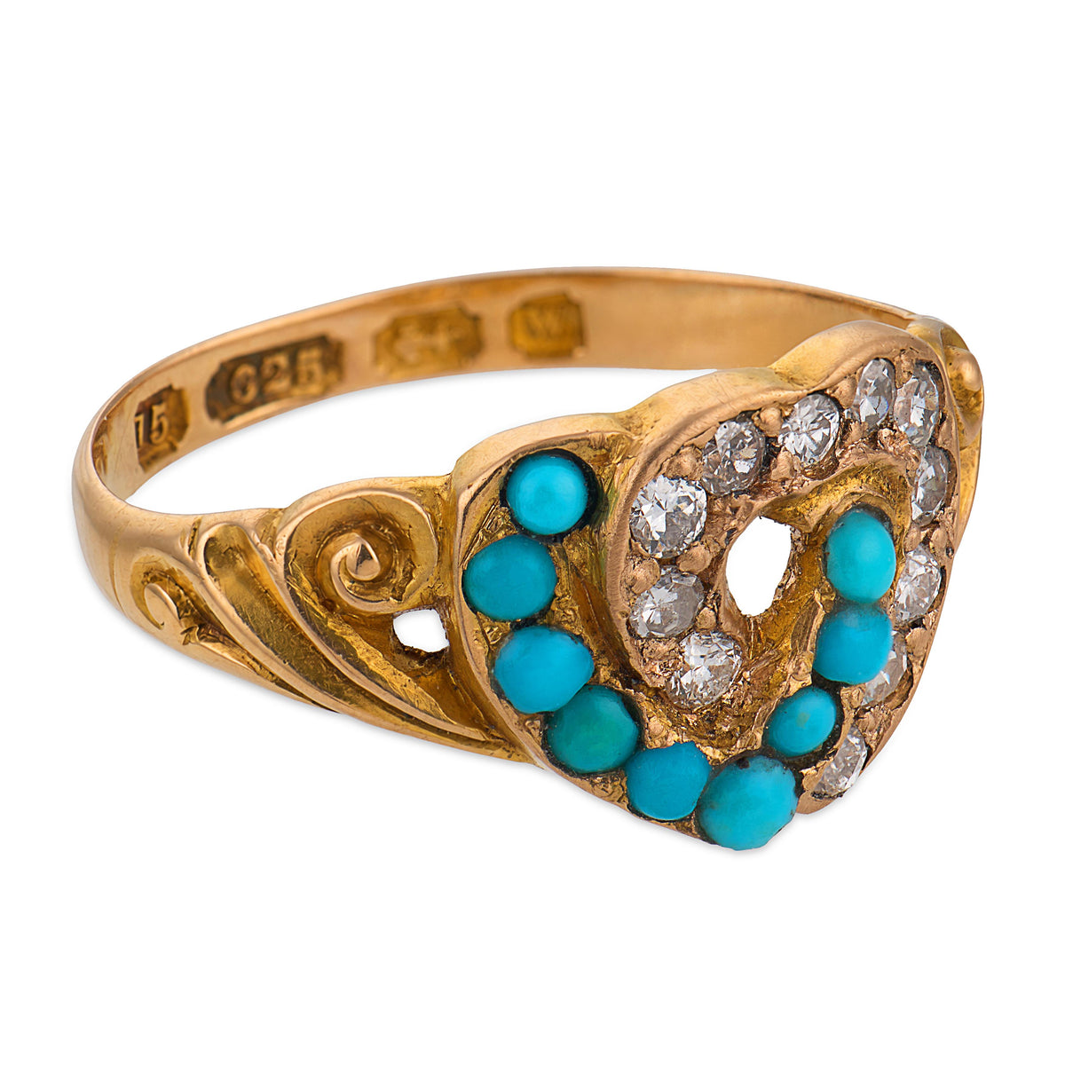 Victorian English 15k Turquoise & Diamond Double Heart-Motif Ring