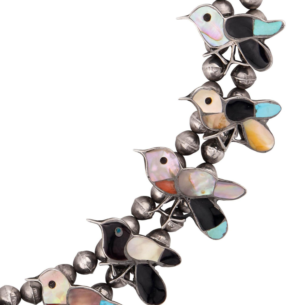 Vintage Silver Turquoise, Onyx, Carnelian, & Abalone Squash Blossom Necklace