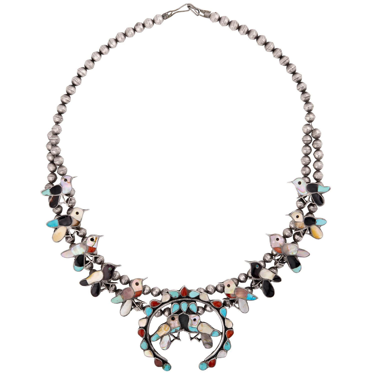 Vintage Silver Turquoise, Onyx, Carnelian, & Abalone Squash Blossom Necklace