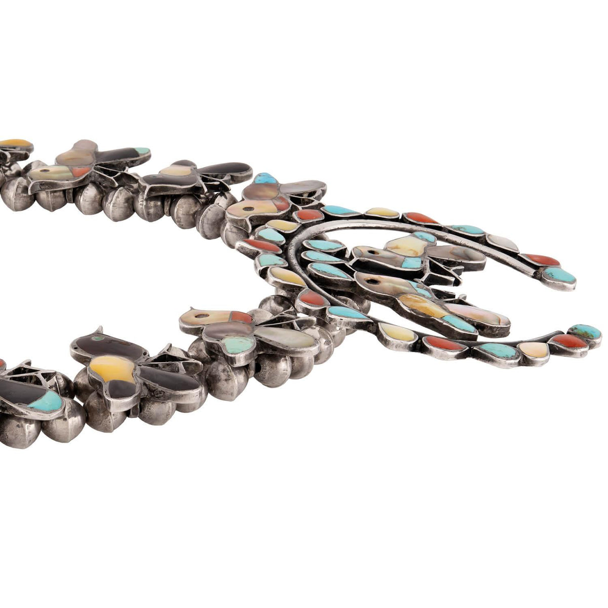 Vintage Silver Turquoise, Onyx, Carnelian, & Abalone Squash Blossom Necklace