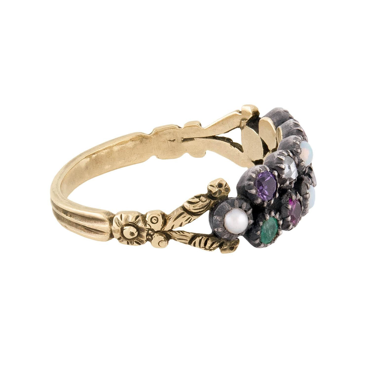 Victorian 15k Amethyst, Diamond, Opal, Ruby, & Emerald, & Pearl "ADORE" Ring
