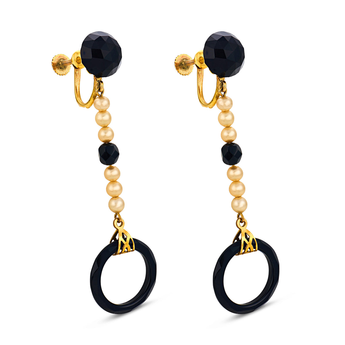 Art Deco 10k Onyx & Pearl Drop Earrings