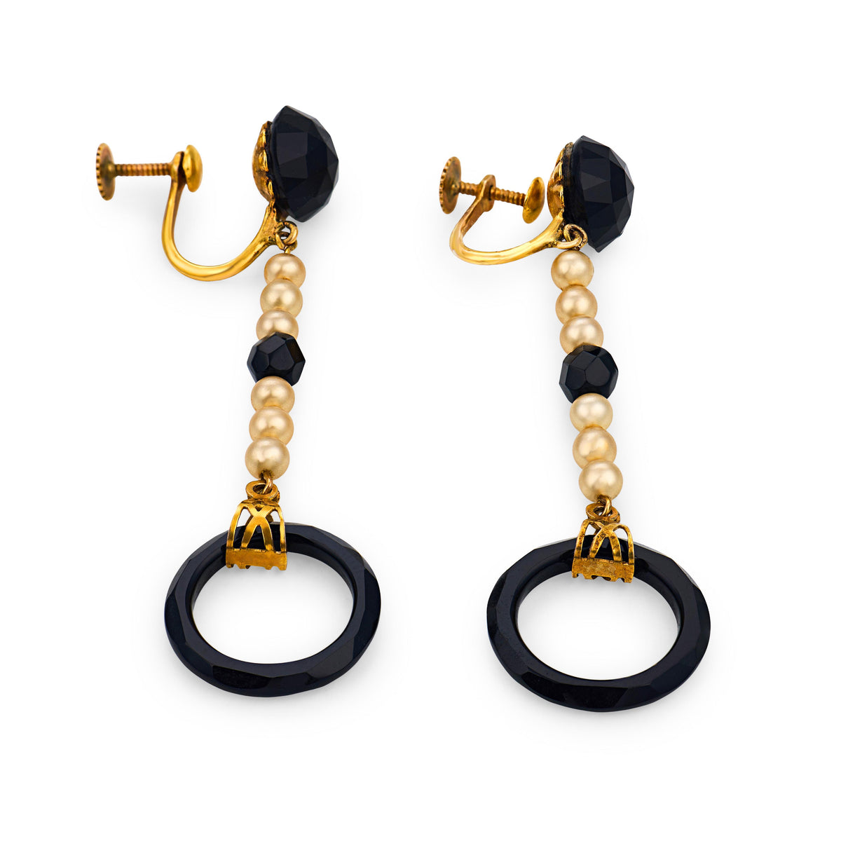 Art Deco 10k Onyx & Pearl Drop Earrings