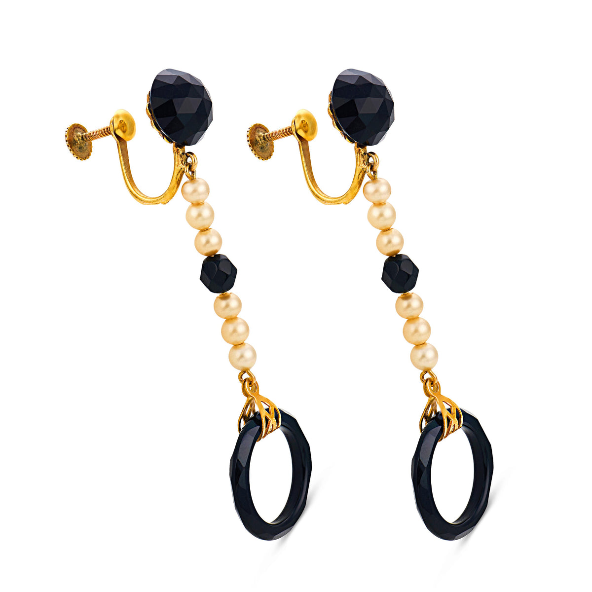 Art Deco 10k Onyx & Pearl Drop Earrings