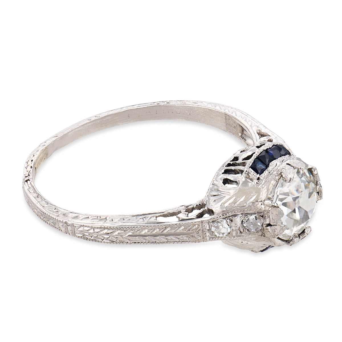 Art Deco Platinum Diamond & Sapphire Engagement Ring .70ct