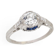 Art Deco Platinum Diamond & Sapphire Engagement Ring .70ct