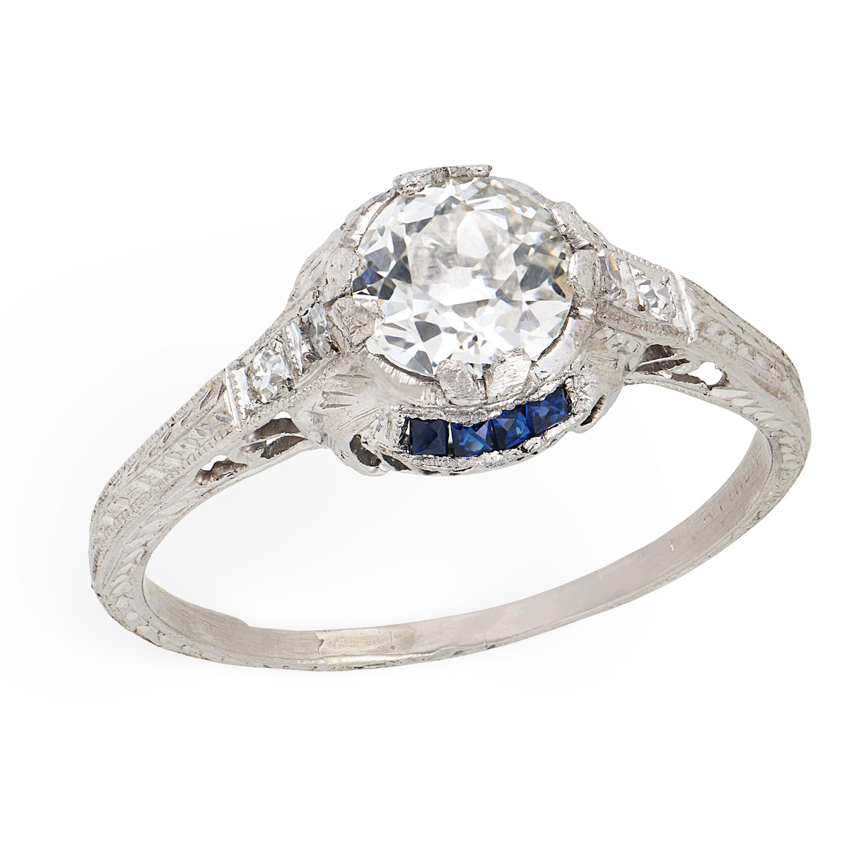 Art Deco Platinum Diamond & Sapphire Engagement Ring .70ct
