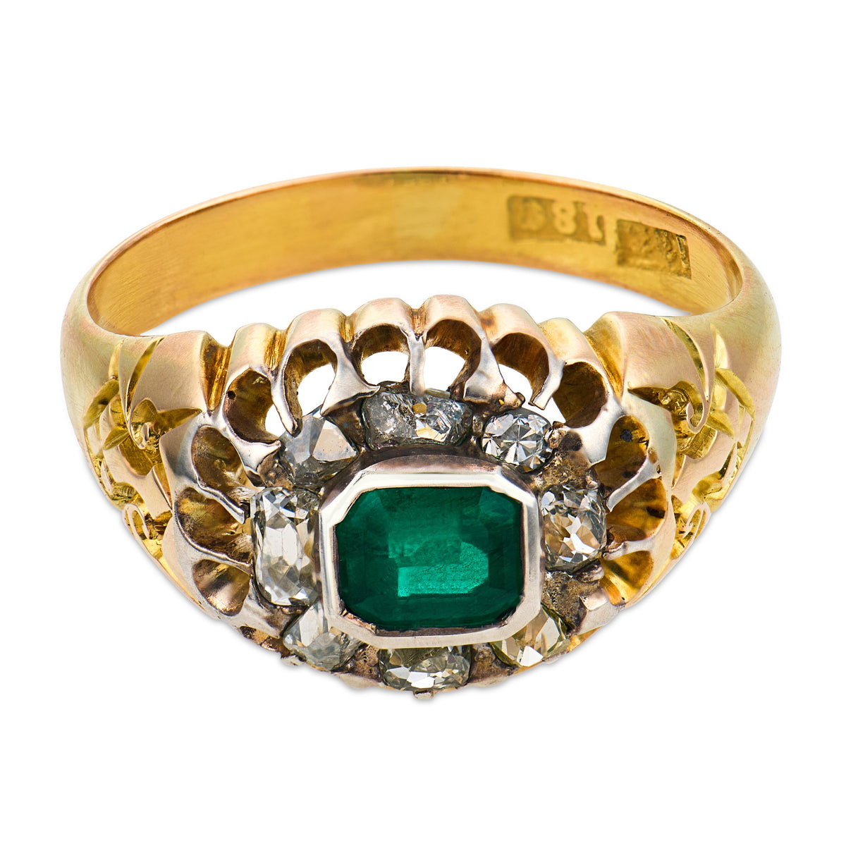 Victorian English 18k/Sterling Silver Emerald & Diamond Halo Ring