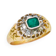 Victorian English 18k/Sterling Silver Emerald & Diamond Halo Ring