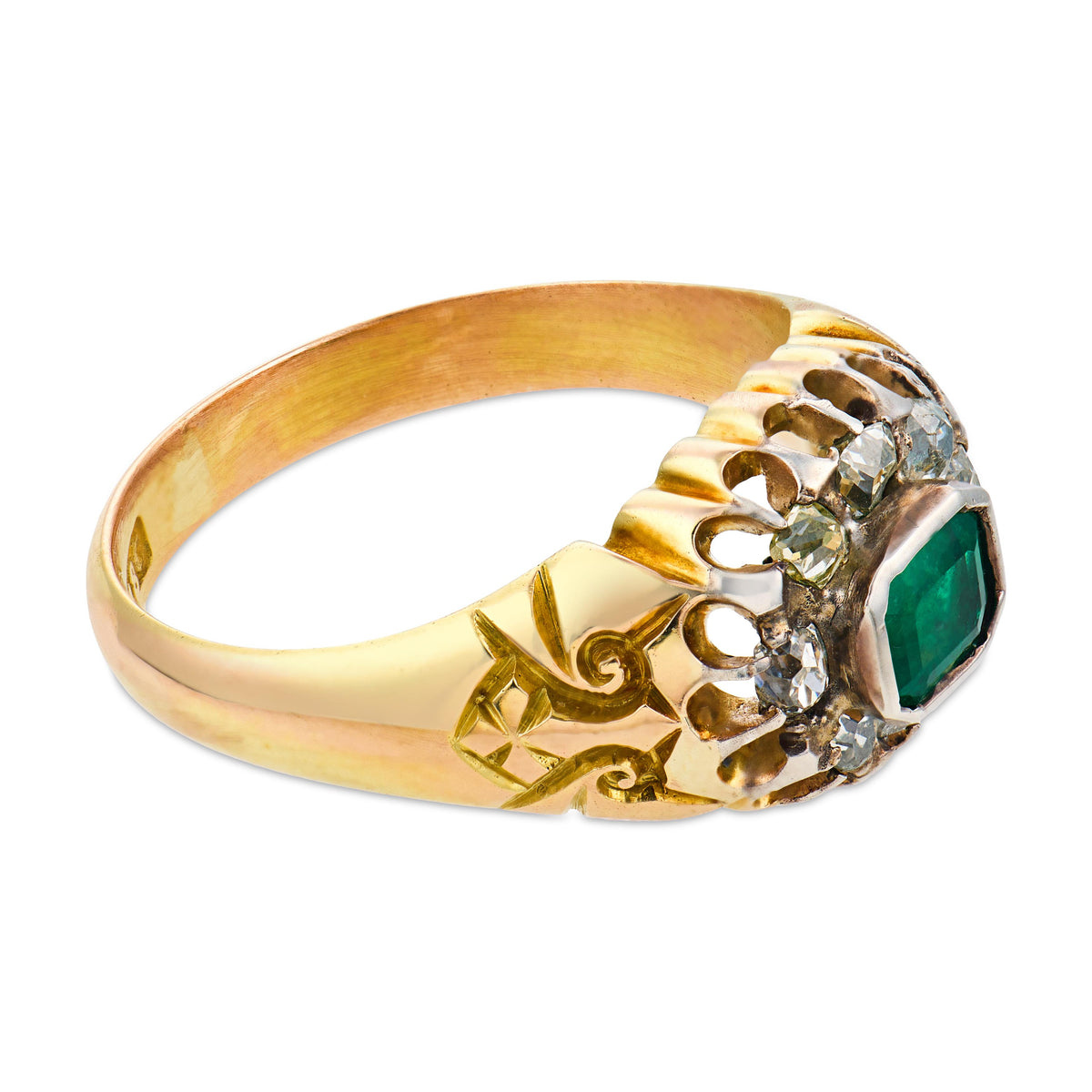 Victorian English 18k/Sterling Silver Emerald & Diamond Halo Ring