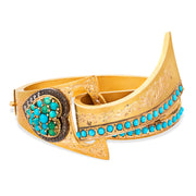 Victorian 14k Turquoise & Diamond Heart-Motif Ribbon Bangle