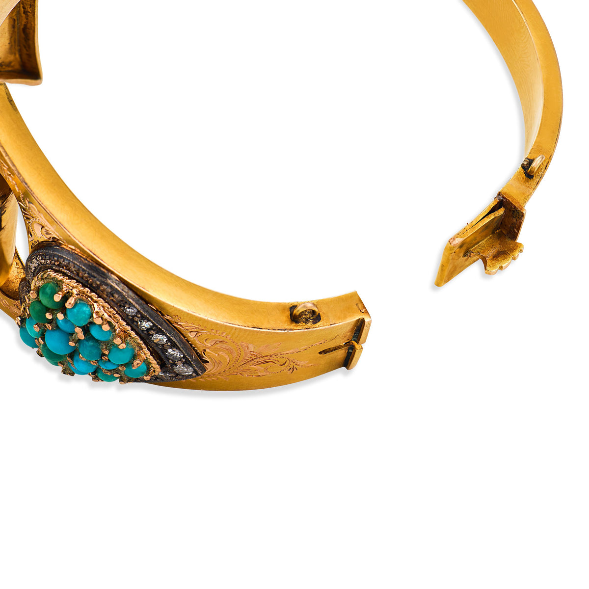 Victorian 14k Turquoise & Diamond Heart-Motif Ribbon Bangle