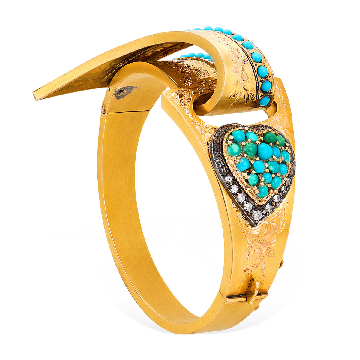 Victorian 14k Turquoise & Diamond Heart-Motif Ribbon Bangle