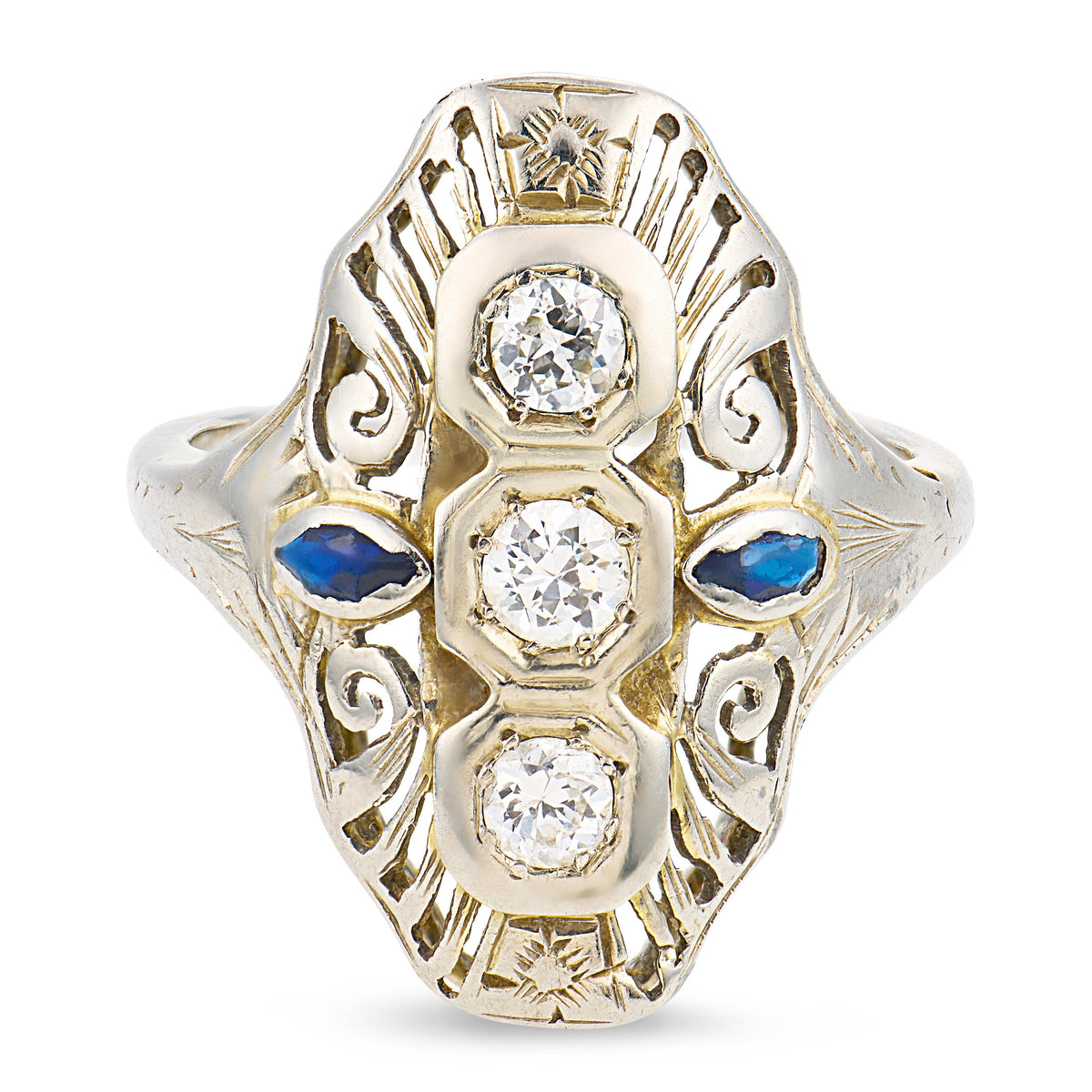 Edwardian 10k Diamond & Sapphire Navette Ring