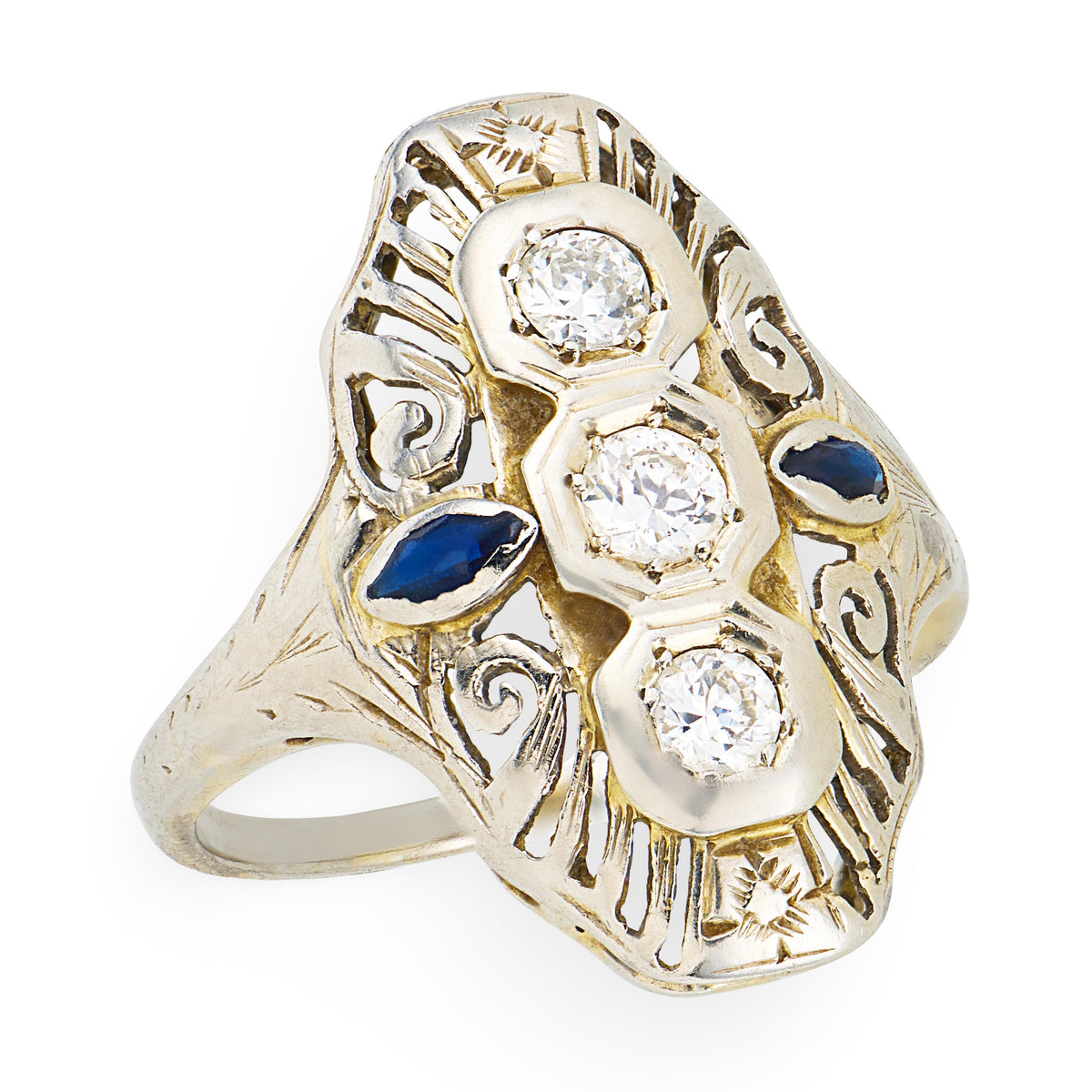 Edwardian 10k Diamond & Sapphire Navette Ring