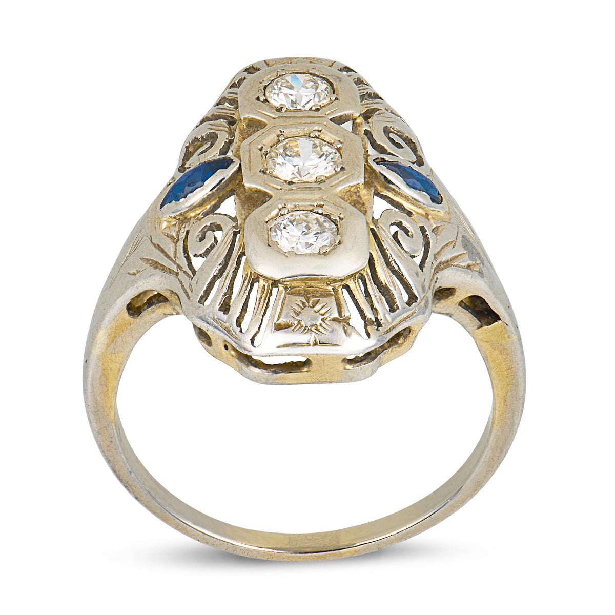 Edwardian 10k Diamond & Sapphire Navette Ring