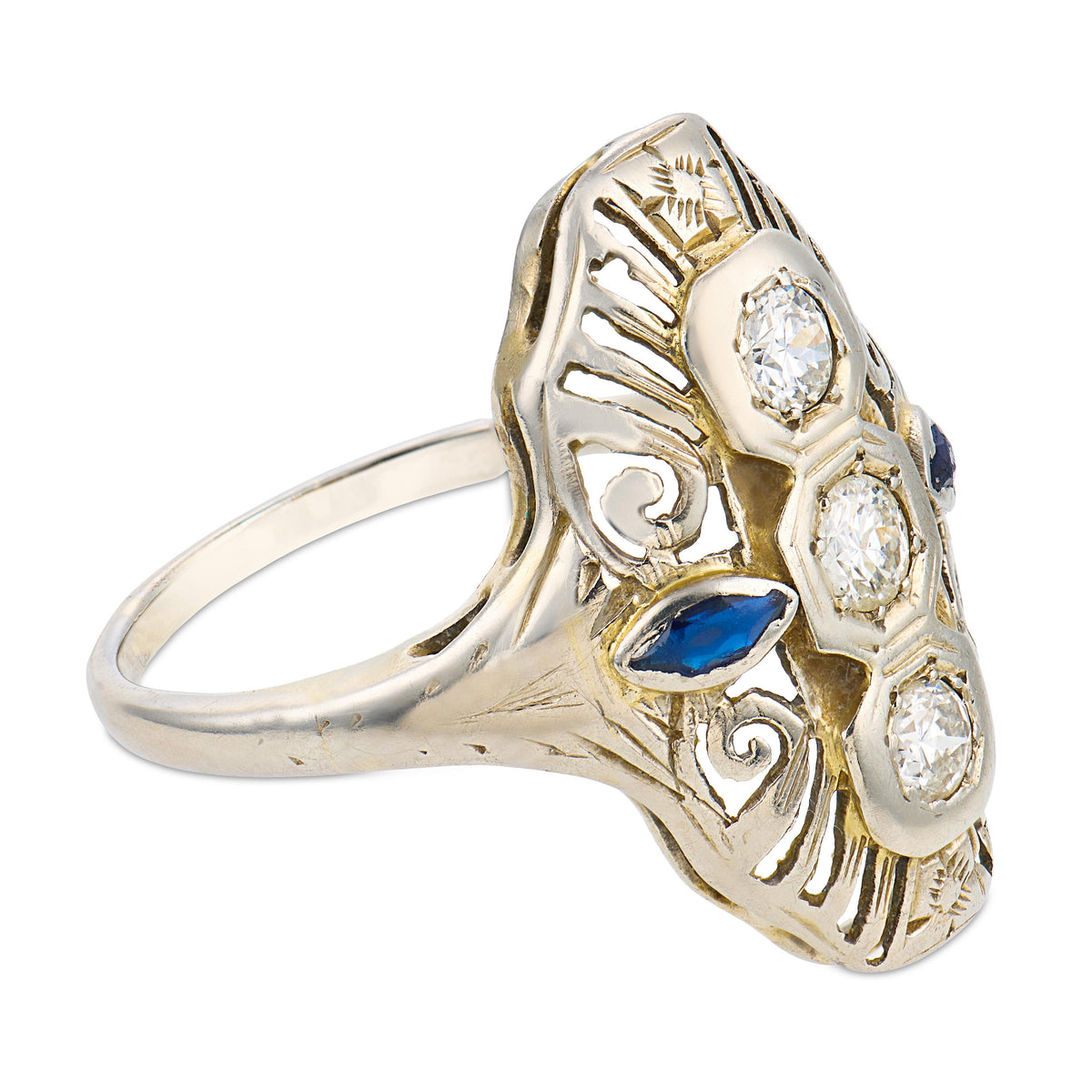 Edwardian 10k Diamond & Sapphire Navette Ring