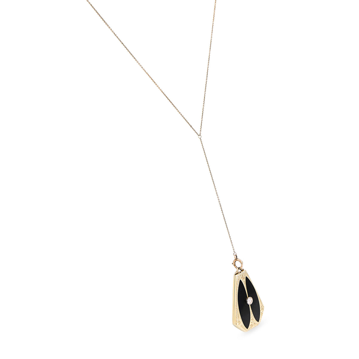 Art Deco 14k Diamond & Onyx Locket Pendant Necklace