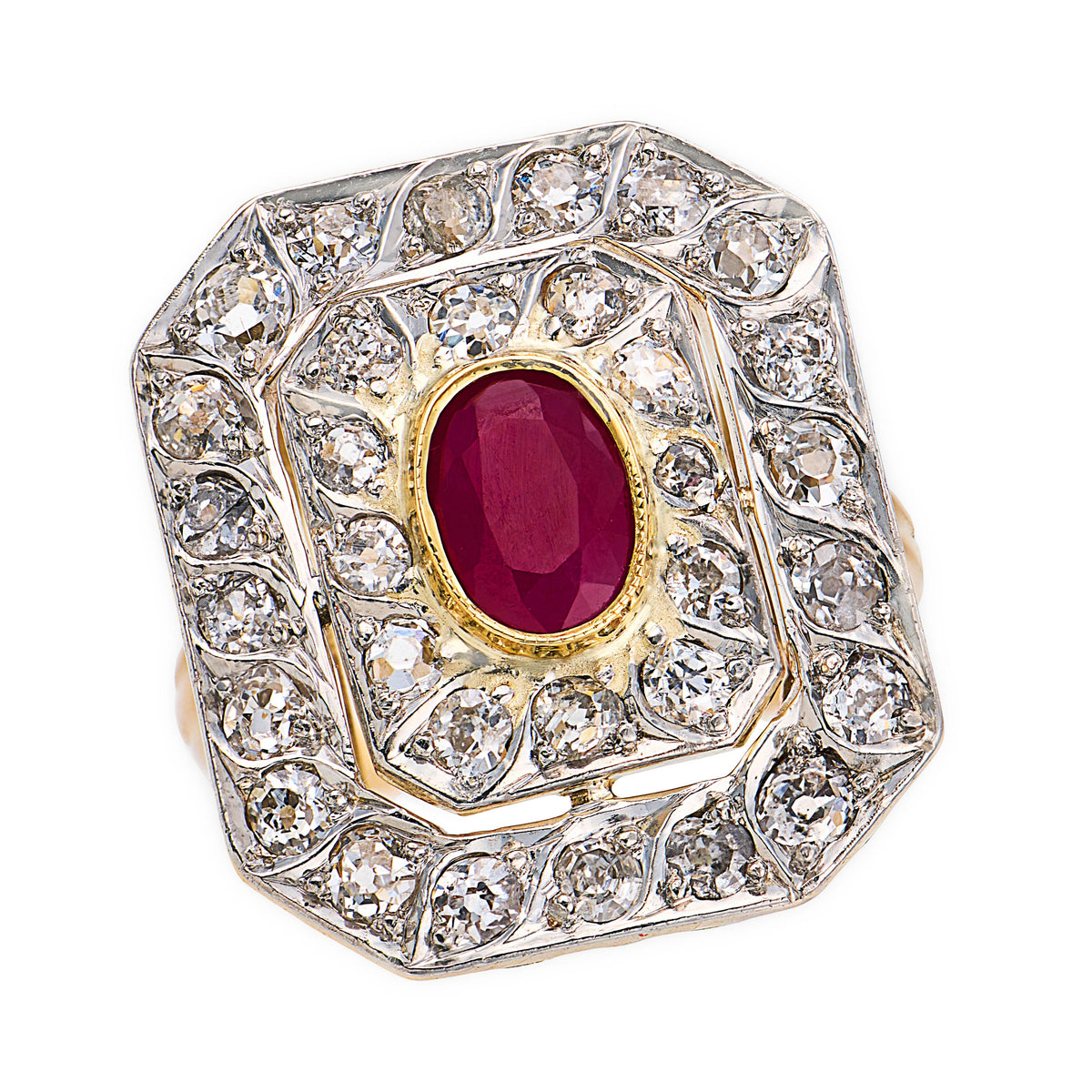 Edwardian 18k/Platinum Ruby & Diamond Halo Ring