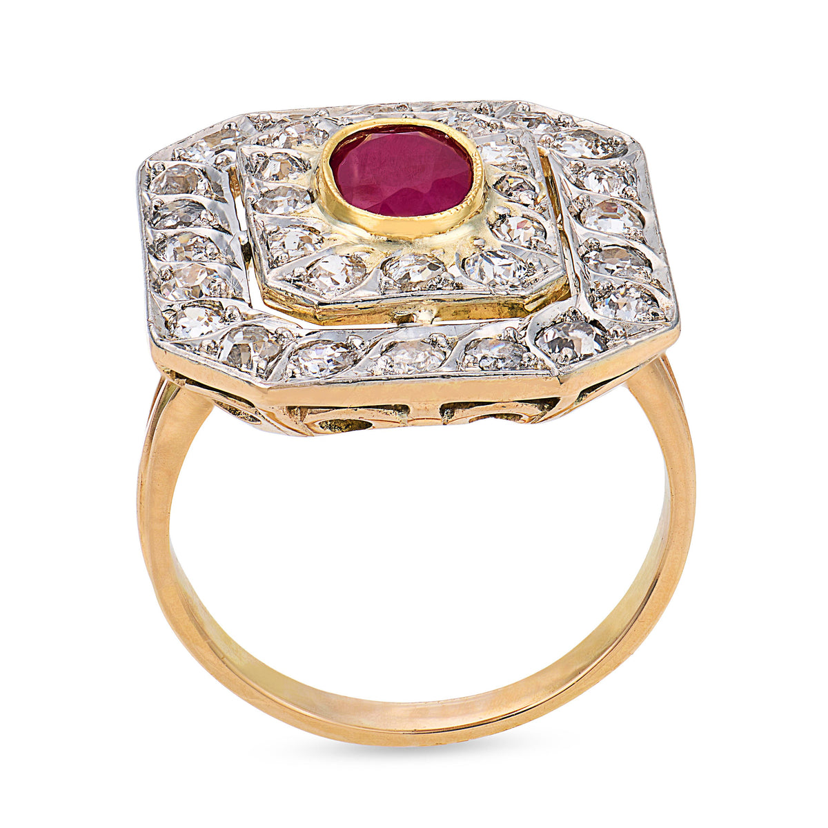 Edwardian 18k/Platinum Ruby & Diamond Halo Ring
