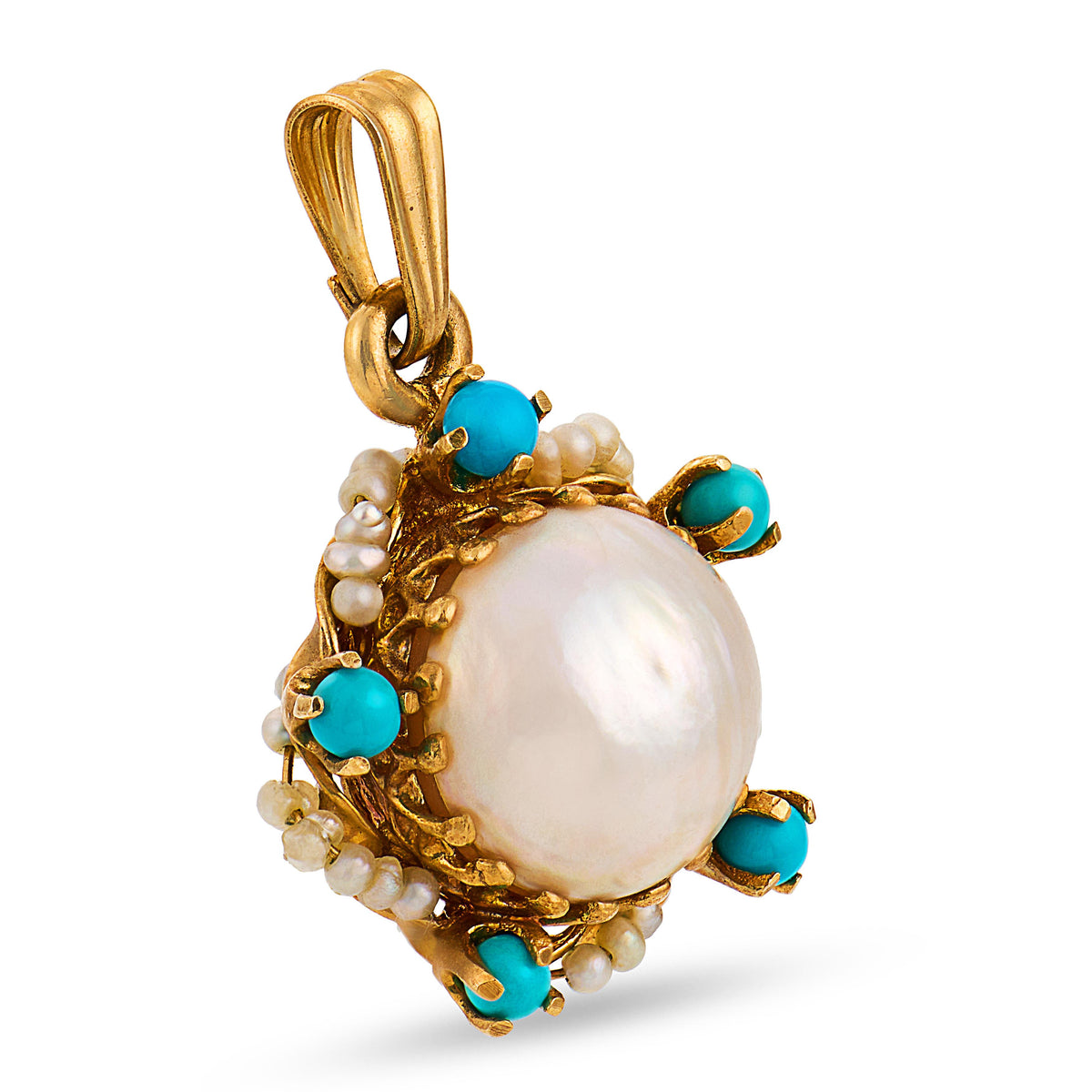 Art Nouveau 14k Pearl & Turquoise Sunburst-Motif Pendant/Charm