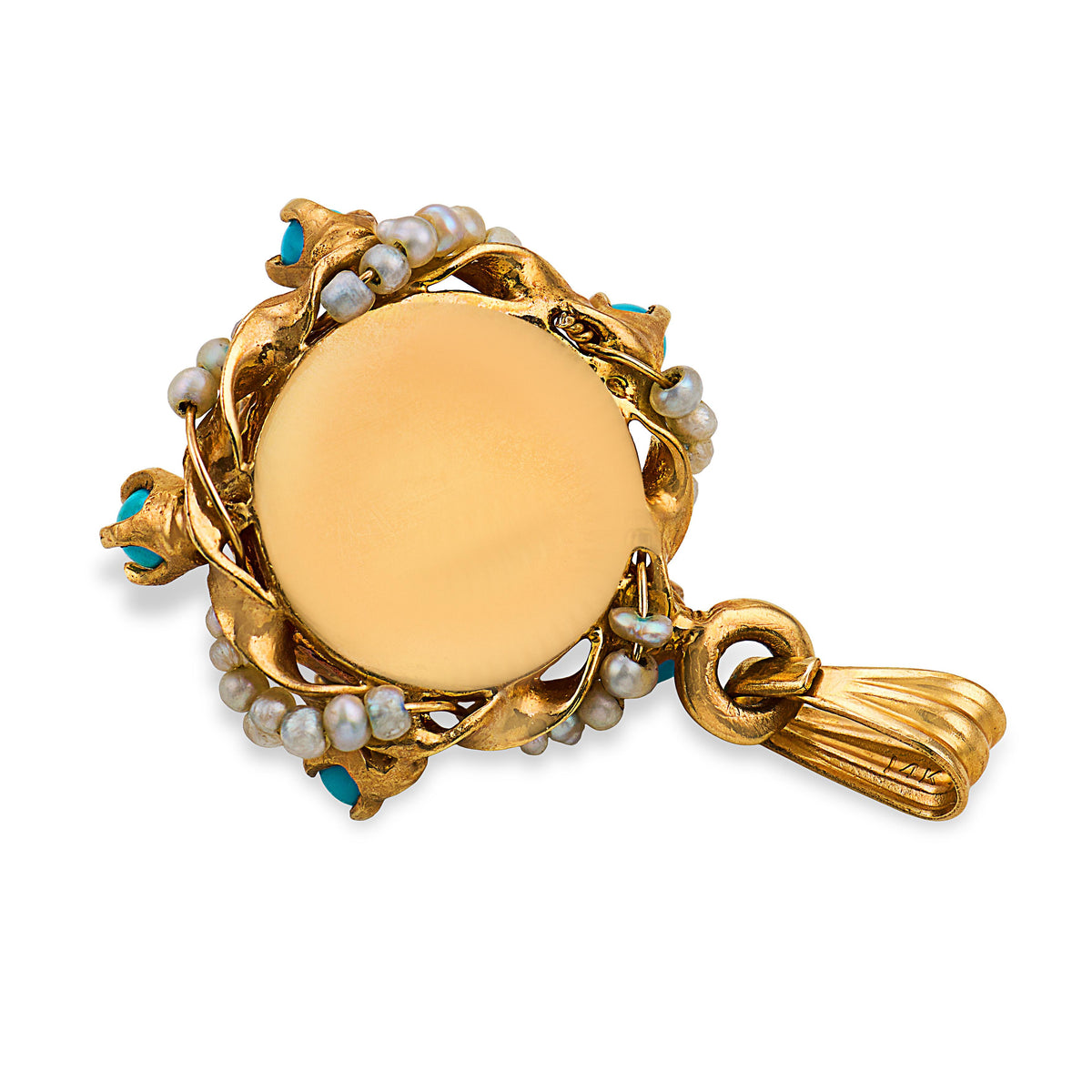 Art Nouveau 14k Pearl & Turquoise Sunburst-Motif Pendant/Charm