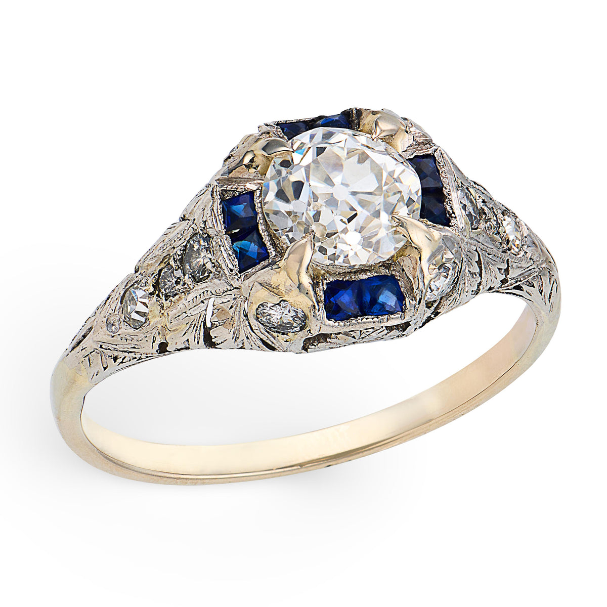 Art Deco Platinum Diamond & Sapphire Engagement Ring 1.04ct