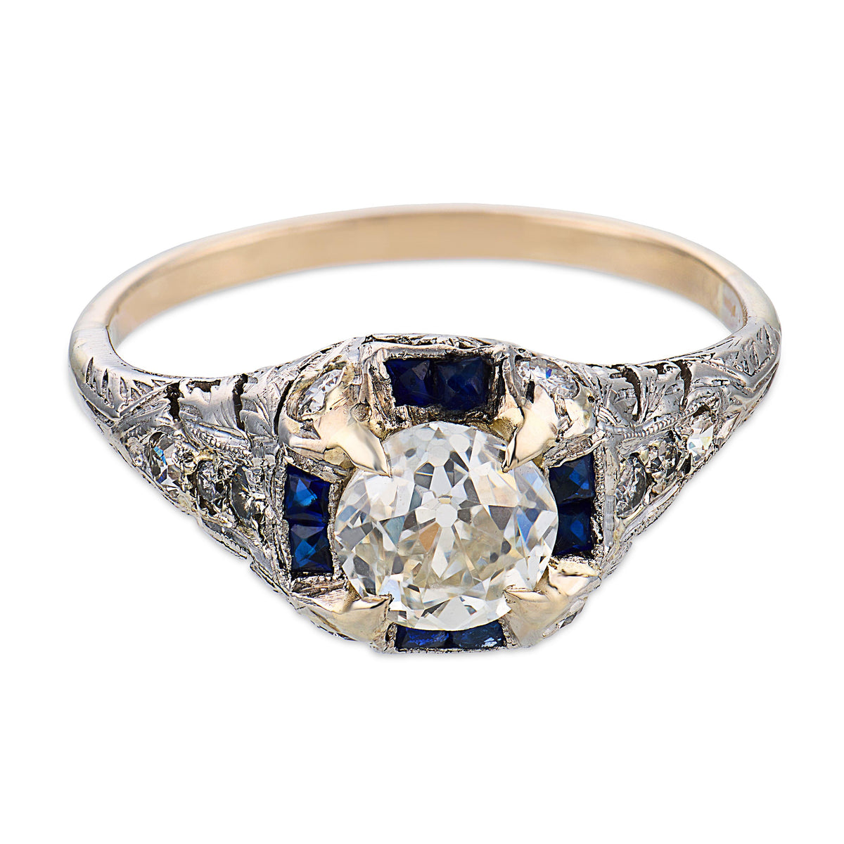 Art Deco Platinum Diamond & Sapphire Engagement Ring 1.04ct
