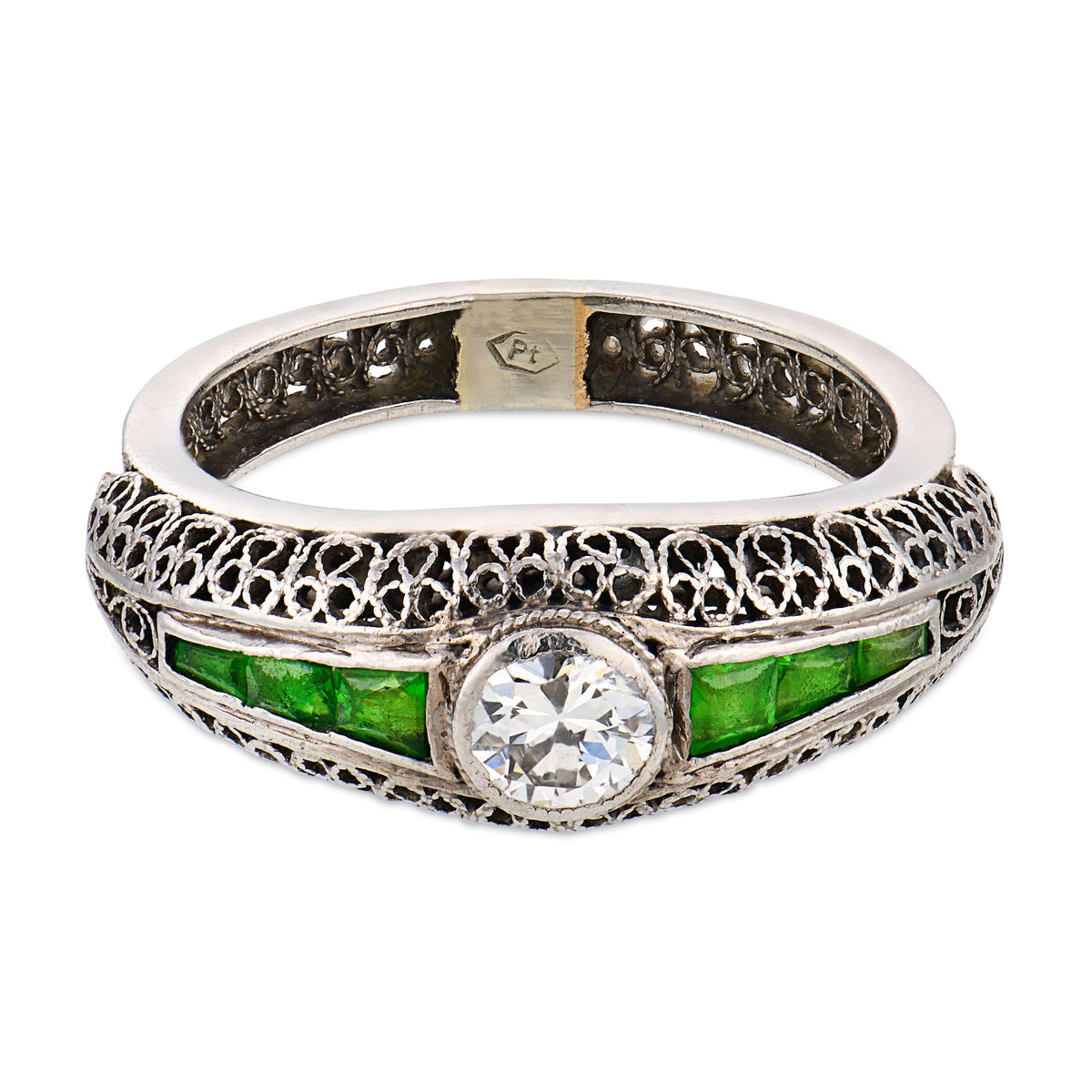 Art Deco Platinum Diamond & Demantoid Garnet Engagement Ring .40ct
