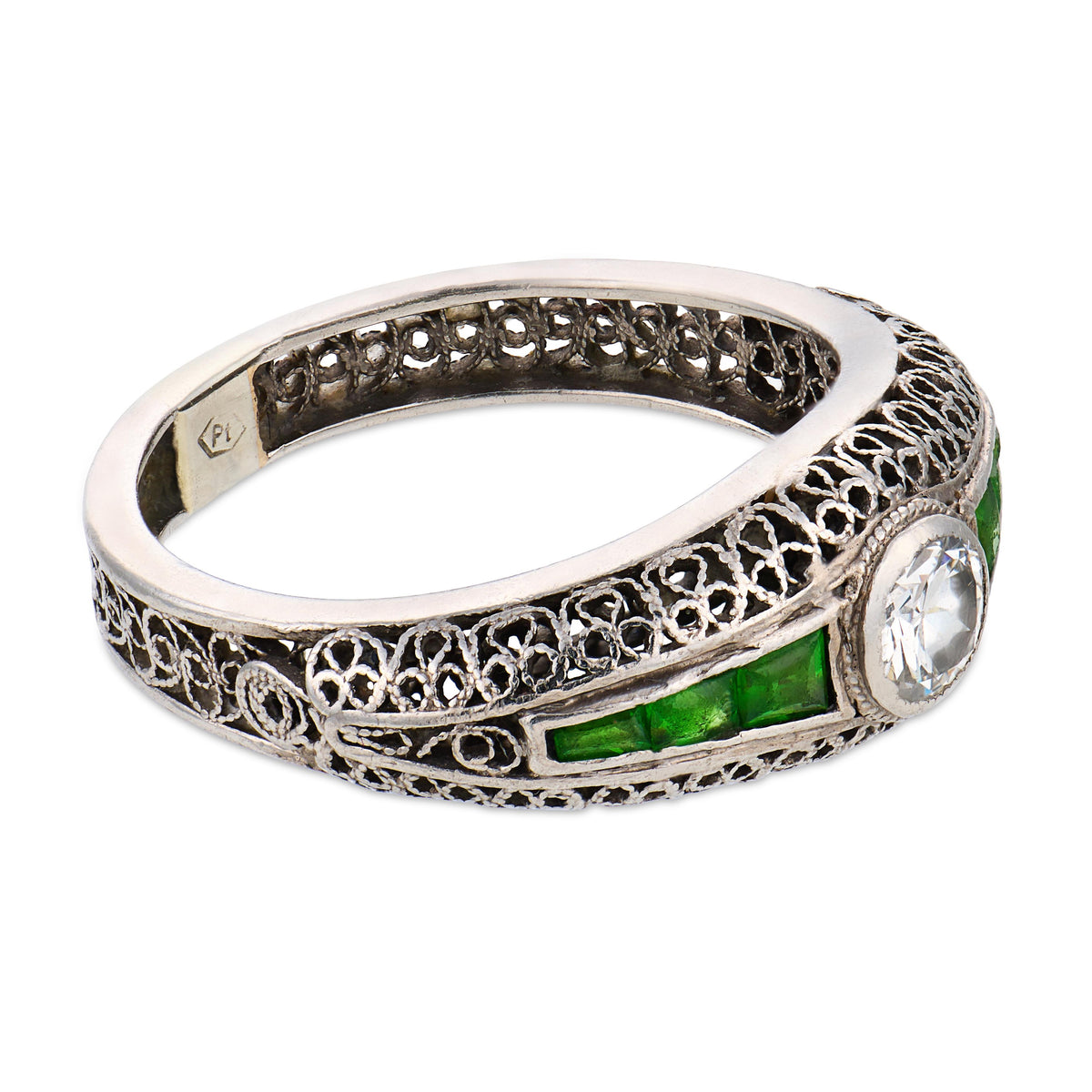 Art Deco Platinum Diamond & Demantoid Garnet Engagement Ring .40ct