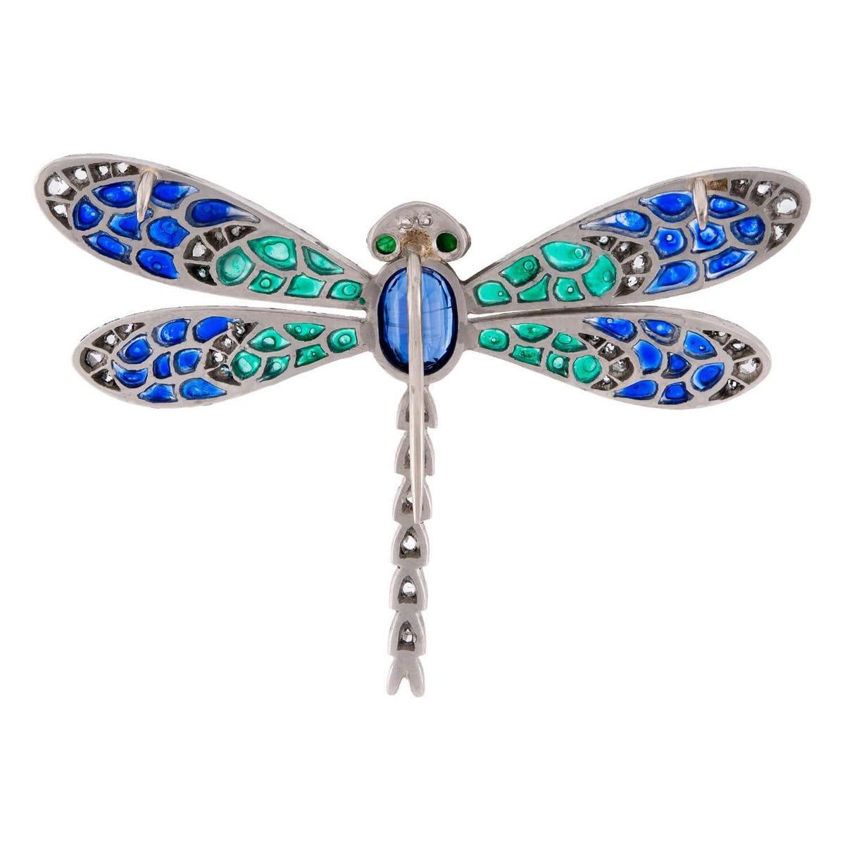 Art Nouveau Plat. Plique-À-Jour Sapphire, Diamond, & Emerald Dragonfly Pendant